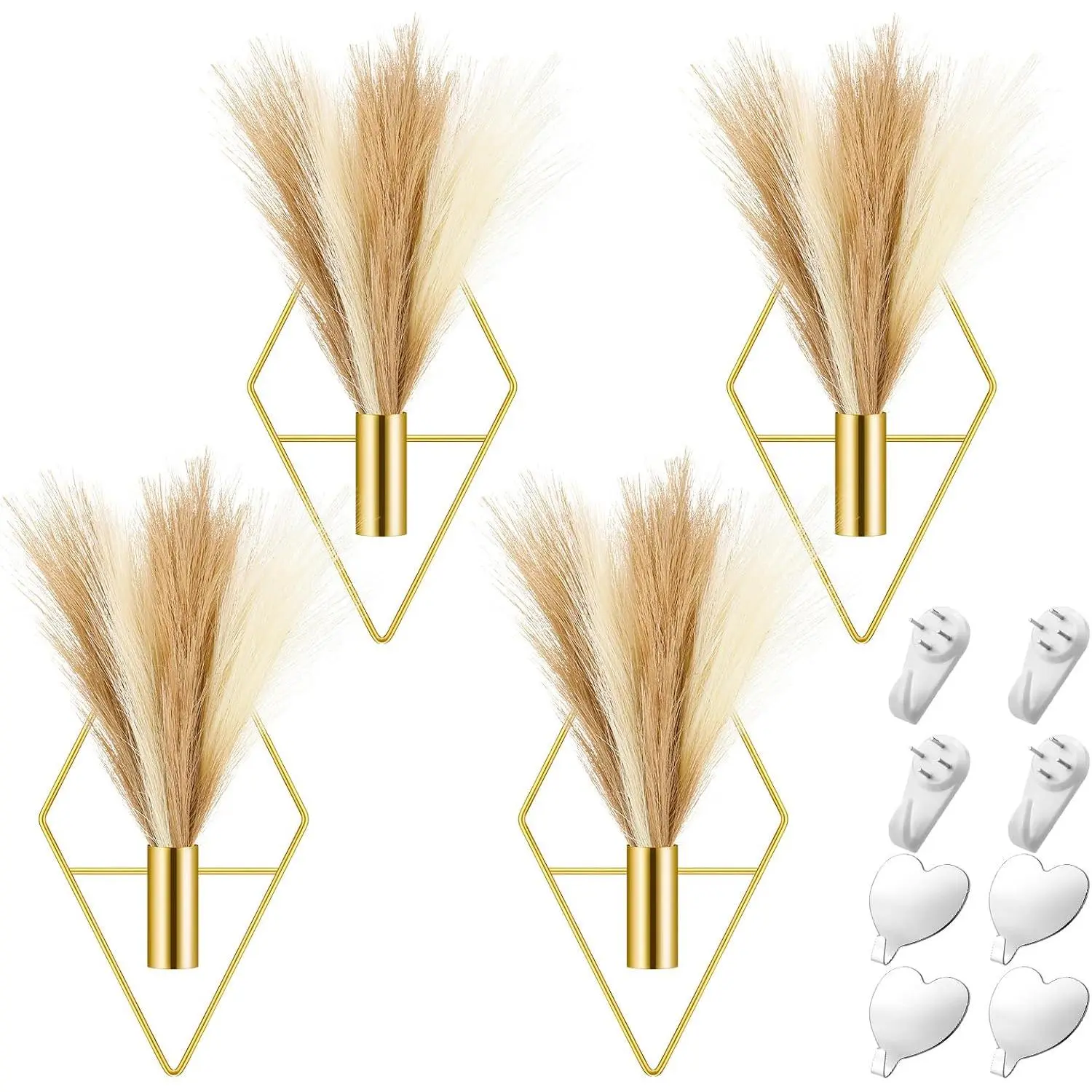 4 Sets Boho Wall Decor Metal Wall Art  Planters with Artificial Pampas Display Modern  Vase for Bedroom  Office (Classic,, Beige, Dark Coffee)