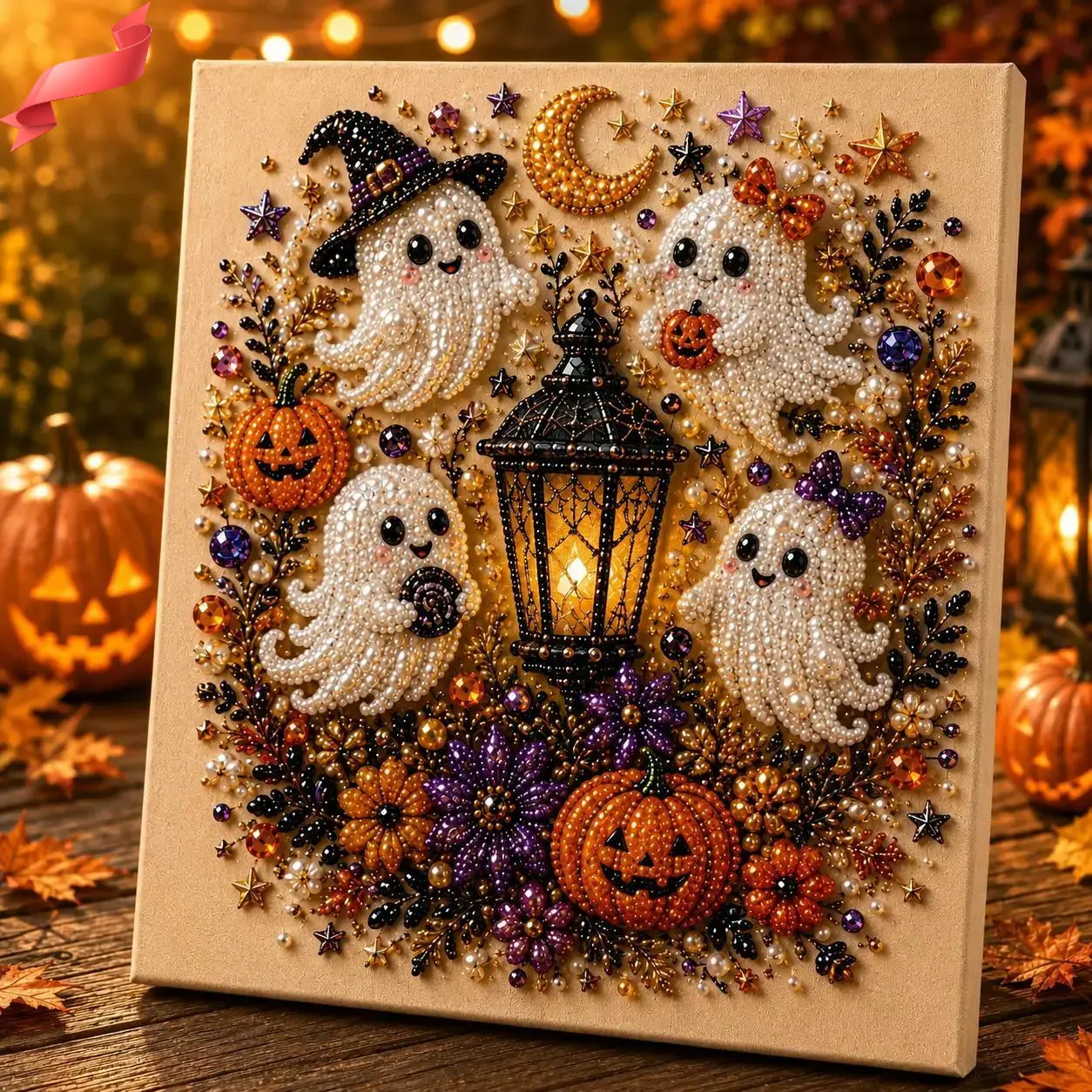 DIY Spooky Cute  8inx8in Themed Pearl 3D Diamond Painting DIY Kit, Multipurpose Fall Season Handicraft Set, Beautiful Wall Art Furnishing Accessory for Household Indoor Decoration & Holiday Party Present Ghost