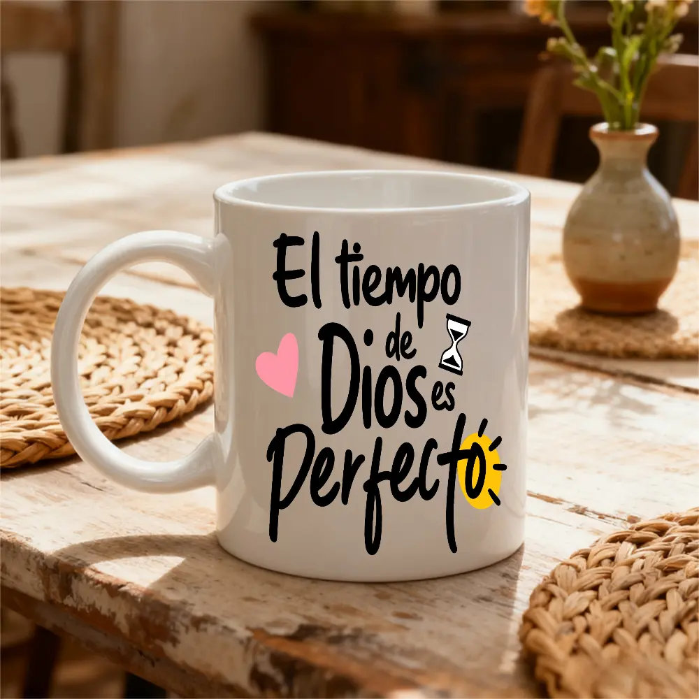 11oz White Mug, Christian Faith Inspirational Style, El Tiempo De Dios Es Perfecto God's Time Is Quote With Heart Hourglass Sun Design, Daily Coffee Tea Drinking Office Home Use, Religious Gift For Believers Church Members Family Friends