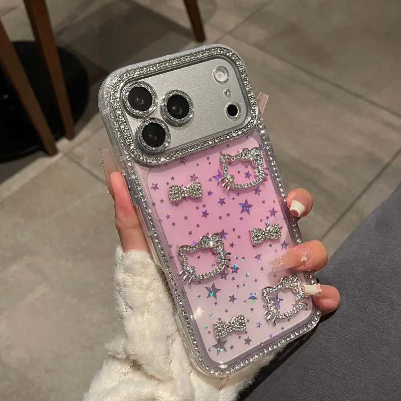 Double-sided Diamond Cat Bow Phone Case For iPhone 17 16 15 14 13 12 Pro Max Plus Cute Shockproof Protective Case