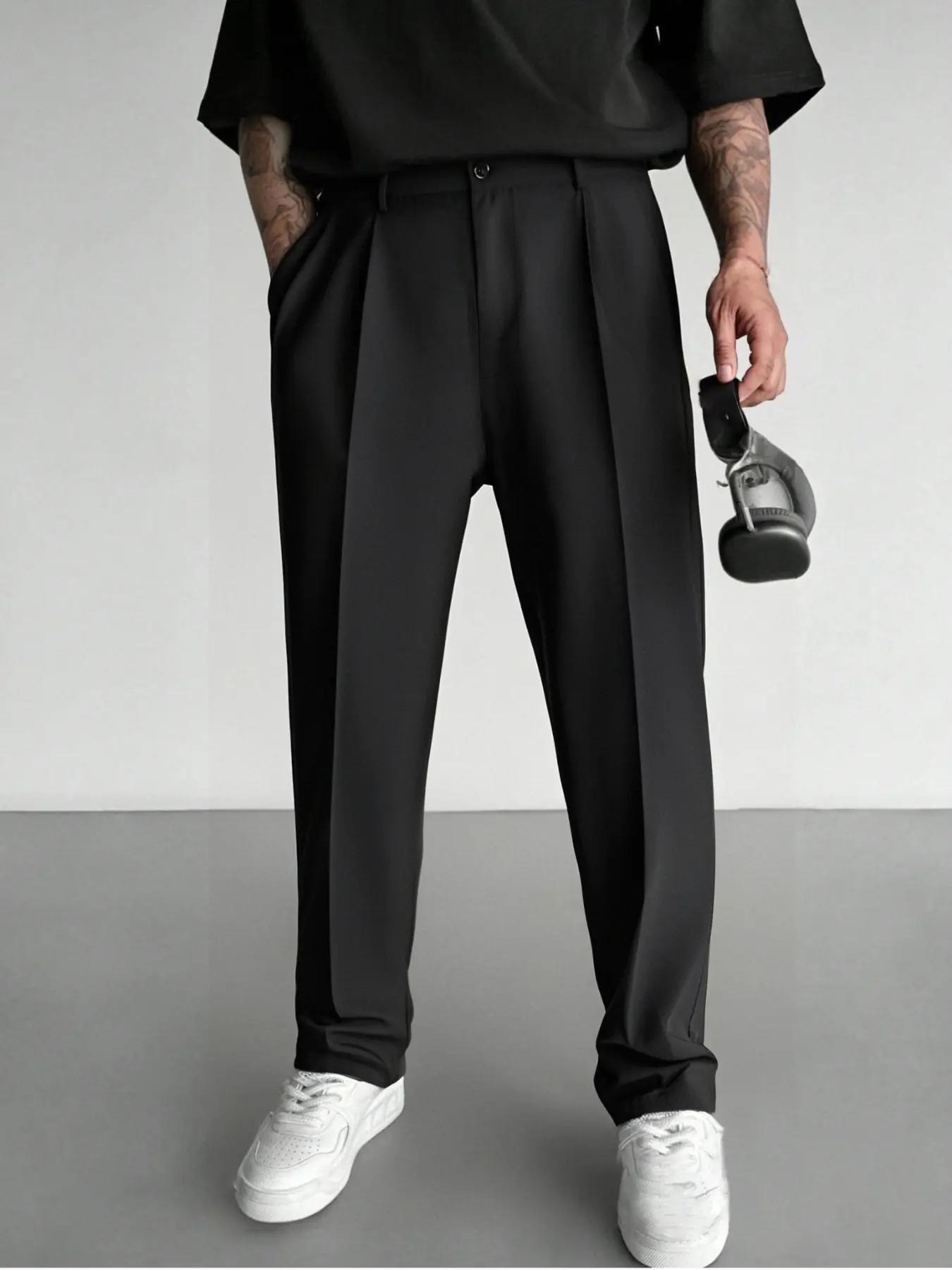 Men's Solid Pocket Straight Leg Pants, Regular Fit Casual Comfy Trousers for Office Work Business Formal, Men's Bottoms for All Seasons, Casual Plain Trousers, Menswear