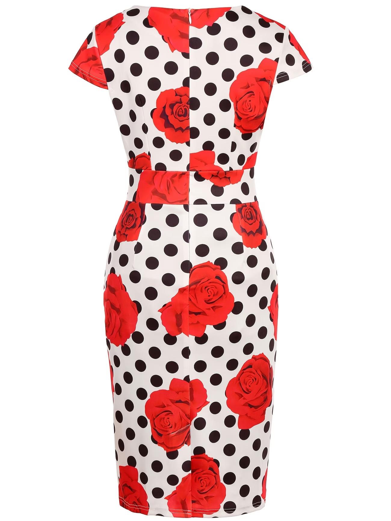 Vintage Cocktail Dress Cap Sleeve 1950s Retro Pencil Dress Wear to Work Dresses for Women Summer Hot Fashion Dress Polka Dot Rose Print Square Neck Short Sleeve Bodycon Dress