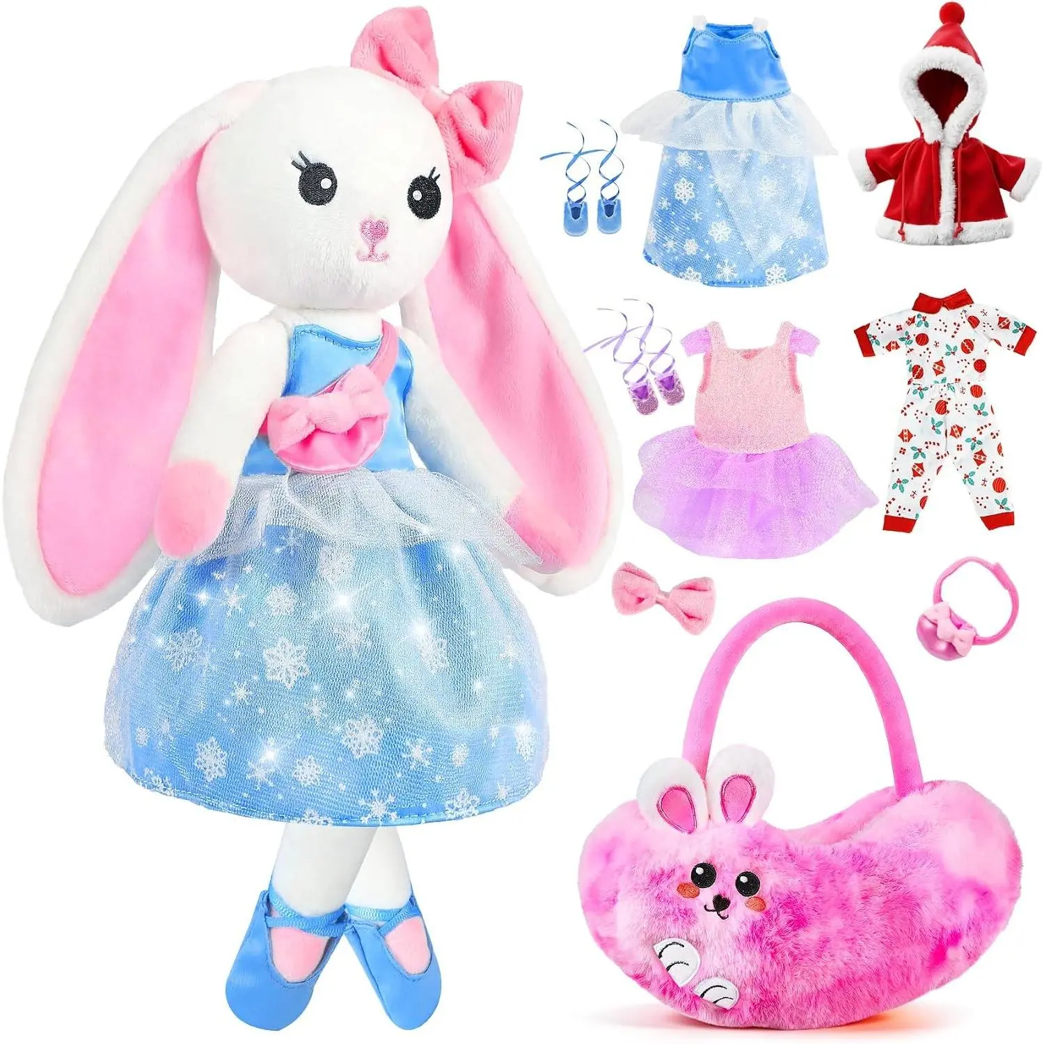 Dance Theme Stuffed Doll, Ballerina Bunny Stuffed Animal Pretend Play Sets for 3-8 Year Old Girls, 4 Set Clothes, Cape, Plush Bag, Ballet Dress Up Toy, Dance Recital Gifts