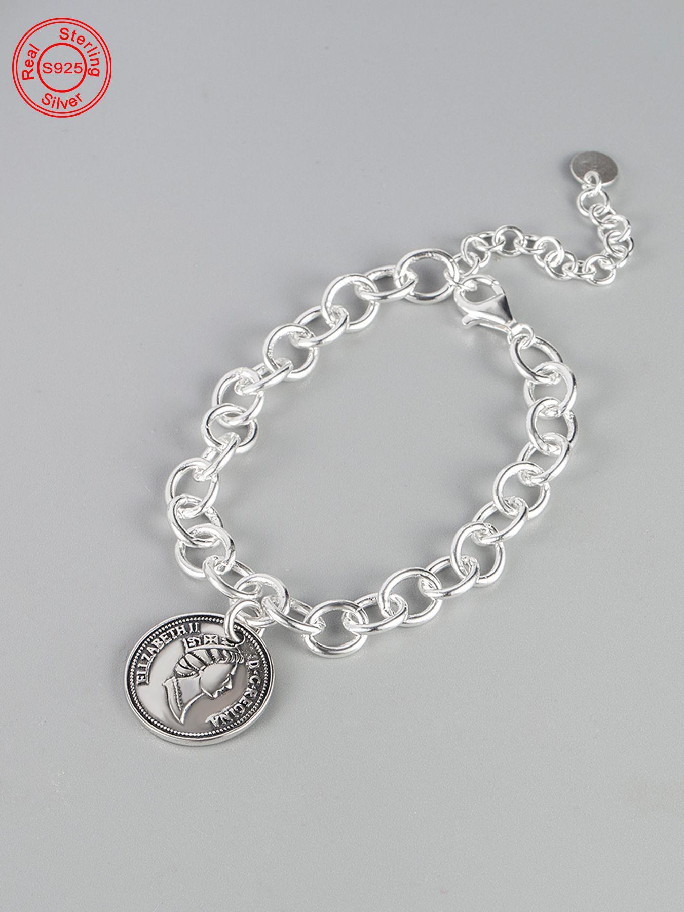 S925 Sterling Silver Vintage Queen Coin Design Bracelet with Pendant, Fashionable Chain Bracelet for Women & Girls, Trendy All-match & Exquisite Jewelry for Birthday Gift, Charm bracelets