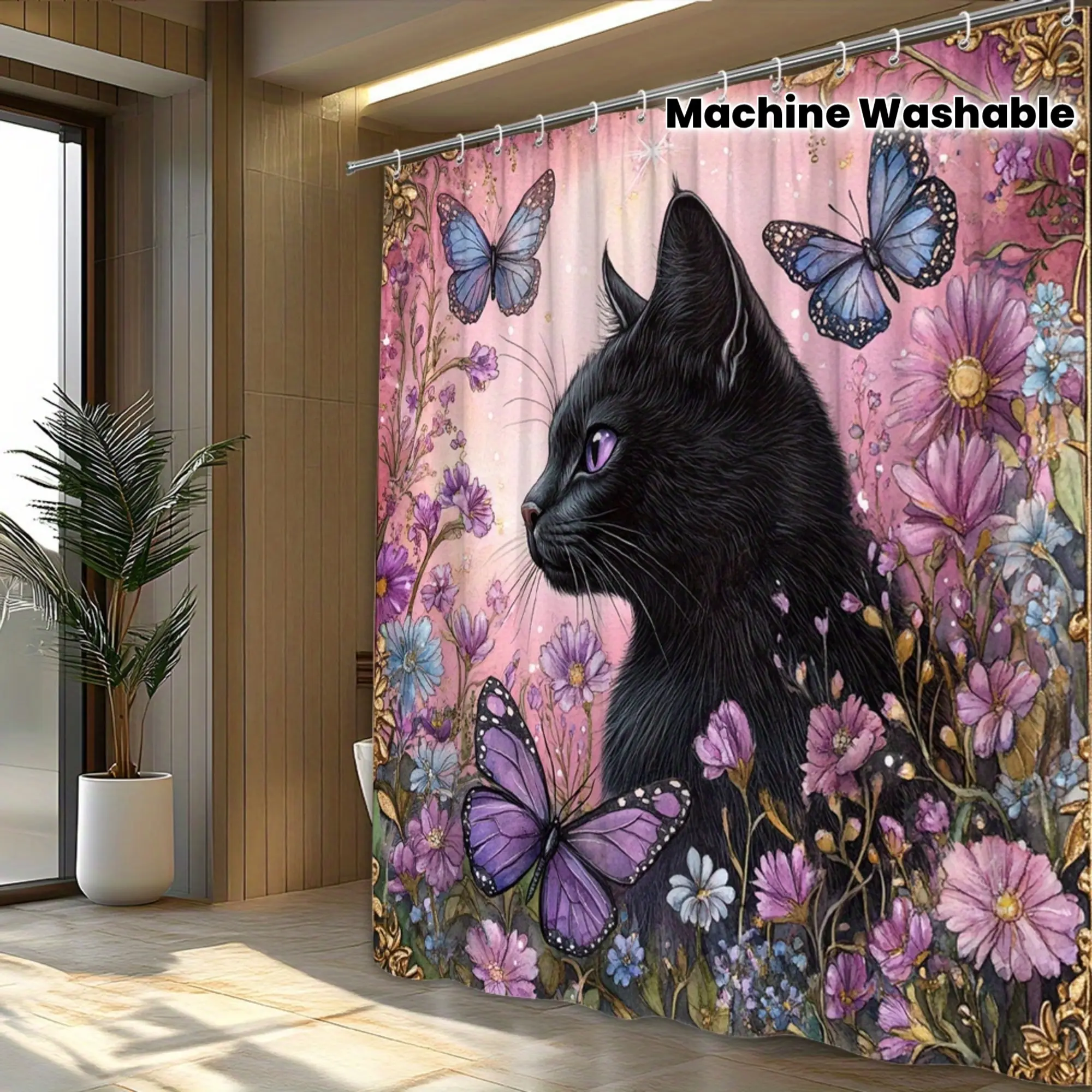 A fun black cat and flower, Decorative shower curtain - Victorian style with purple-eyed cat and butterfly, machine washable, bathroom decor, Fun design, Easy to hang (12 hooks included)