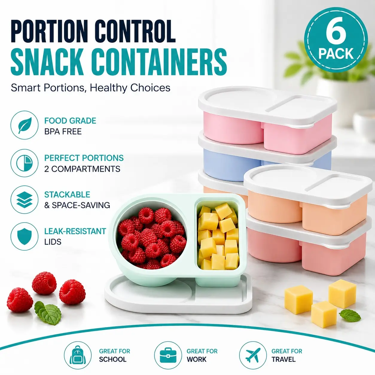 6 Packs Silicone Snack Containers, 2 Compartments Reusable Snackage Box, Leak Proof, 8 Oz, Rainbow Color, Stackable Lunch Container
