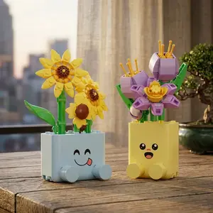 Creative Emoticons Potted Plants Building Blocks Toy Model Sunflowers Roses Flower Botanical Bricks Assemble Ornament Kid Gift