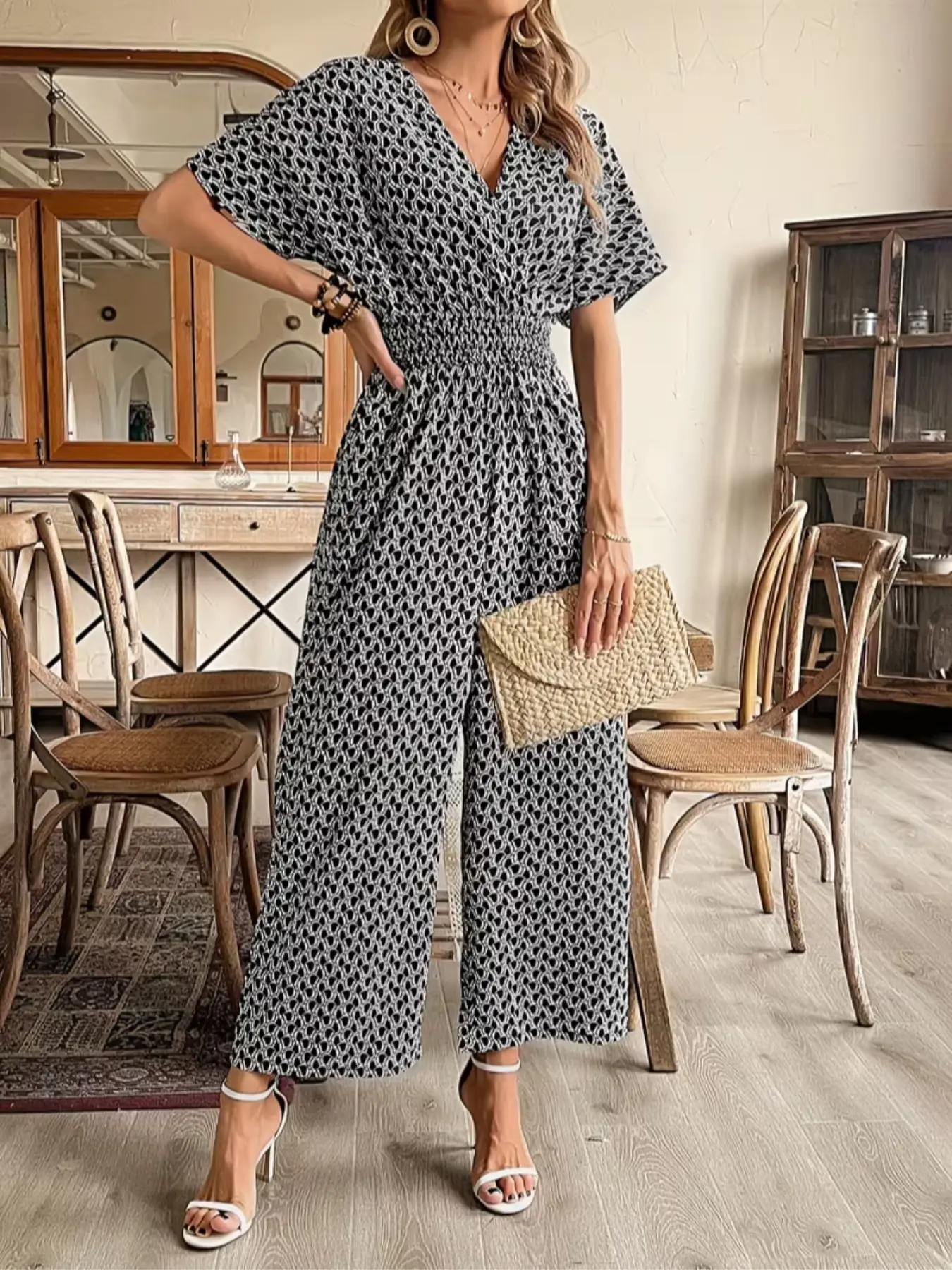 New Casual Vacation Cross V-Neck Cinched High Waist Slimming Fit Geometric Jumpsuit, European and American Style, Women's Fashion One-Piece Pants