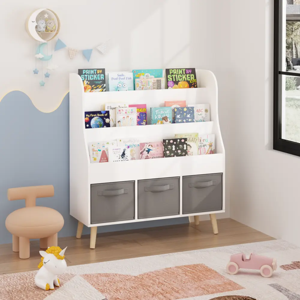 Kids Bookshelf with 3 Fabric Storage Bins, Wooden Book Organizer for Toddlers & Kids, Front Facing Book Display Shelf with Pine Wood Legs, Children Book Rack and Toy Storage Organizer for Playroom, Nursery, Bedroom, Classroom, White