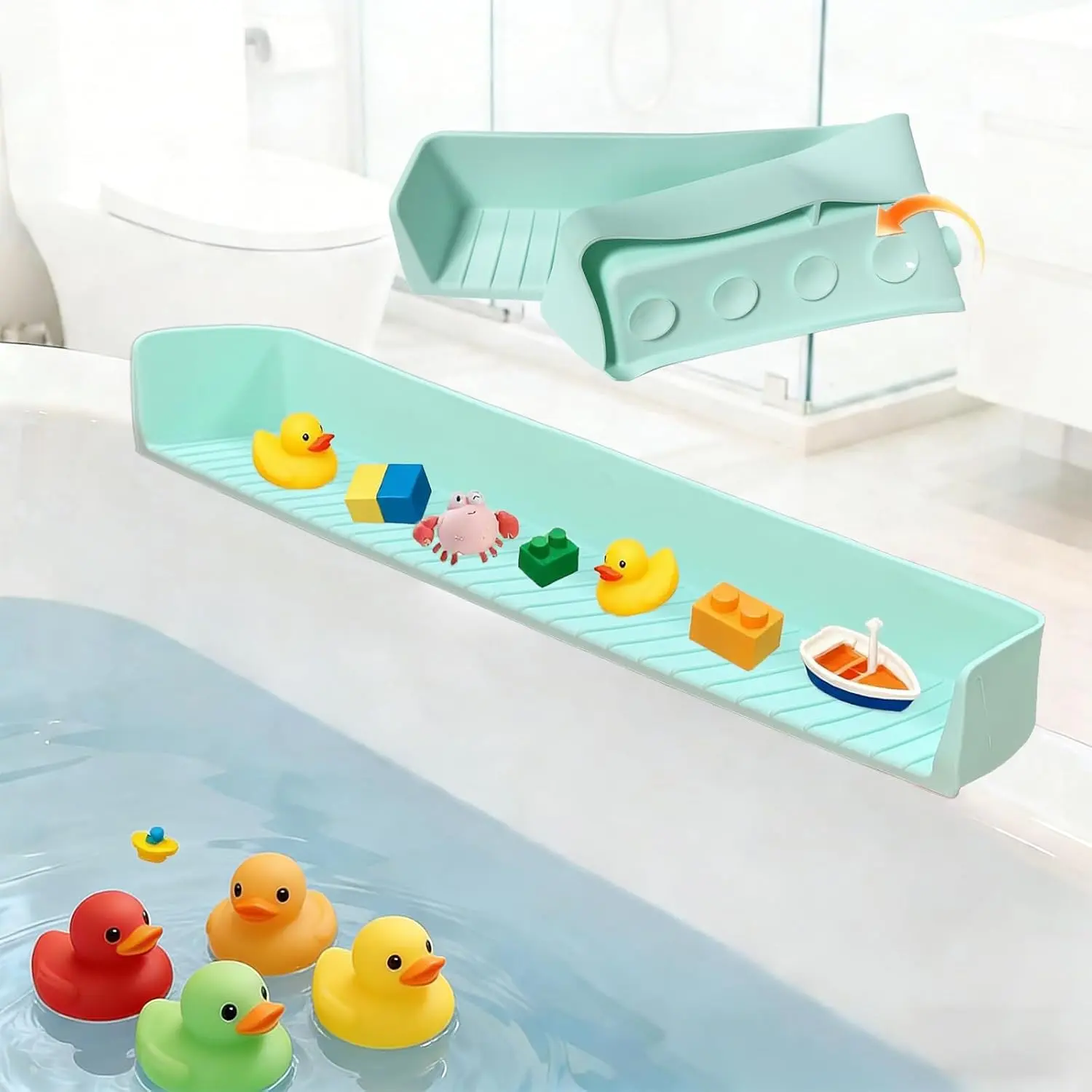 Bathtub Splash Guard for Tub  -  Splash Guard with 11  Suction Cups,  Tray  Holder for Tub,  Water Spills in Bathroom, Suitable for Kitchen Sinks and Bathtubs (Green)