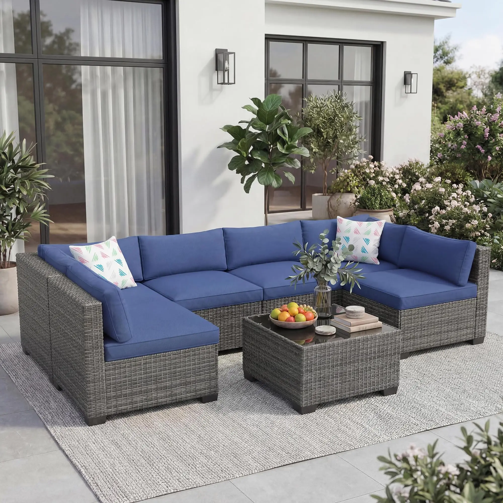 GARVEE 7 PCS Outdoor Patio Sectional Sofa Set, PE Rattan Wicker Conversation Furniture with Thick Cushions & Tempered Glass Coffee Table, All-Weather Modular Couch for Backyard, Poolside, Gard, Gray & Blue