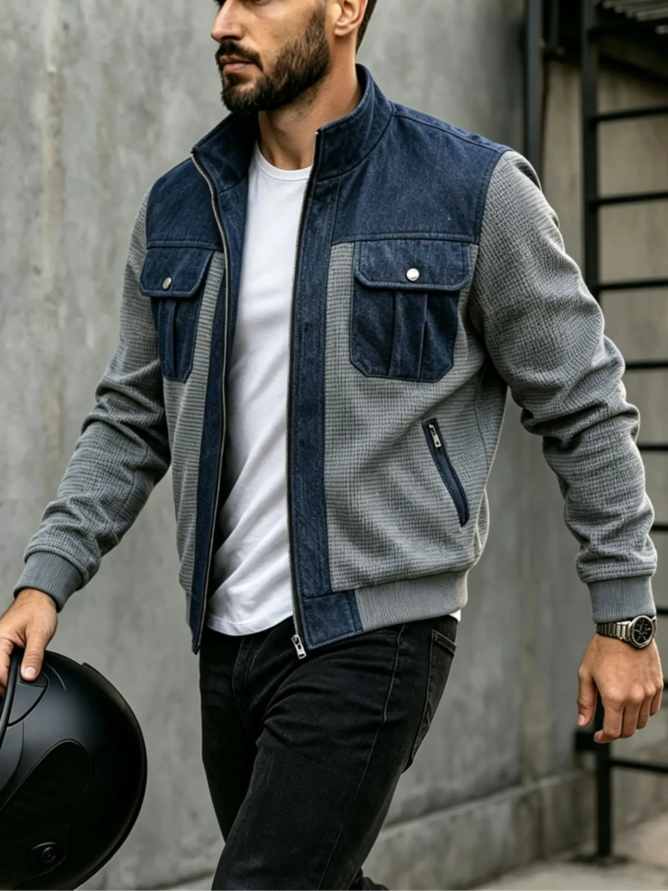 Vintage Patchwork Denim Jacket for Men, Waffle Knit Stand Collar Zipper Coat, Casual Daily Wear Outerwear, Stylish and Comfortable, Casual Fashionable Jacket