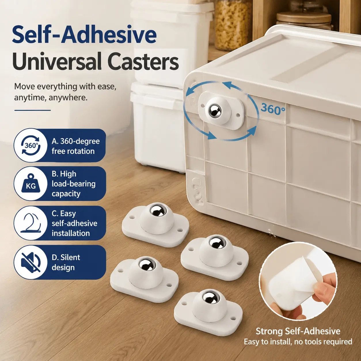 Self-Adhesive 360° Swivel Casters, 8-Pack No-Drill Silent Wheels for Cabinet Luggage Storage Box, Heavy Duty Mini Removable Rollers, Scratch-Resistant Universal Mobile Casters