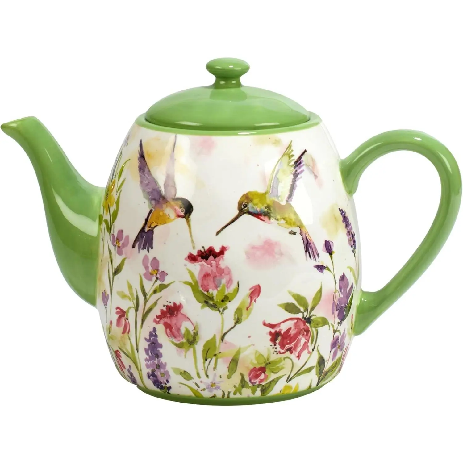 Hummingbirds Ceramic Teapot, 40 oz – Watercolor Floral Bird Design with Lid, Dishwasher & Microwave Safe, Whimsical Tea Pot for Loose Leaf & Bagged Tea, Great for Garden or Bird Lovers