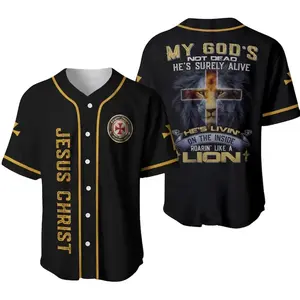 Christian Baseball Jersey – JESUS CHRIST Front Lettering, My God’s Not Dead Lion Cross Back, Unisex Faith Jersey