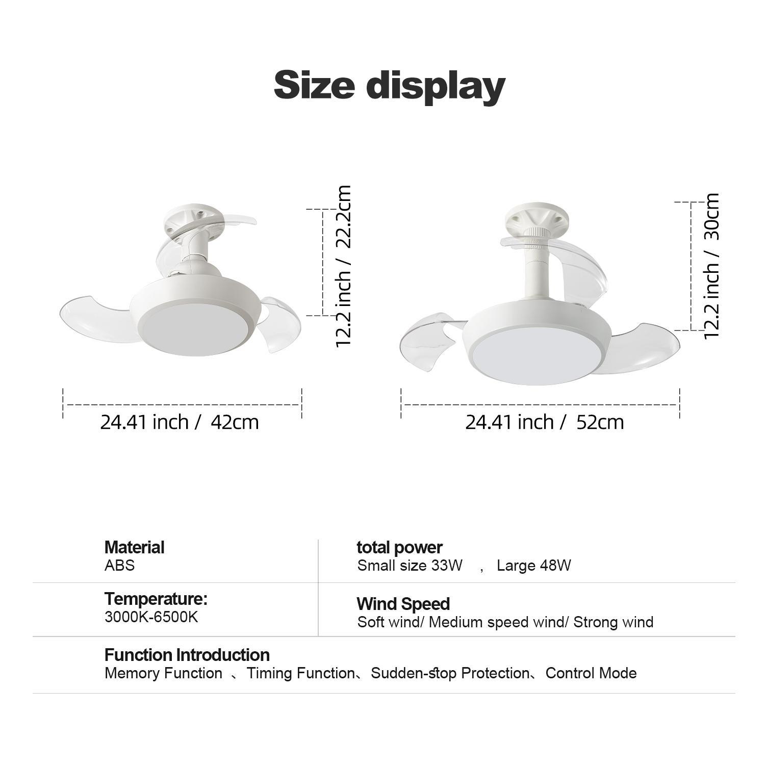 Ceiling Fan Light with Remote Control, 33W/48W Invisible Blade Fan Light, Adjustable 3-speed Wind Speed Fan Lights for Kitchen, Bedroom, Living Room