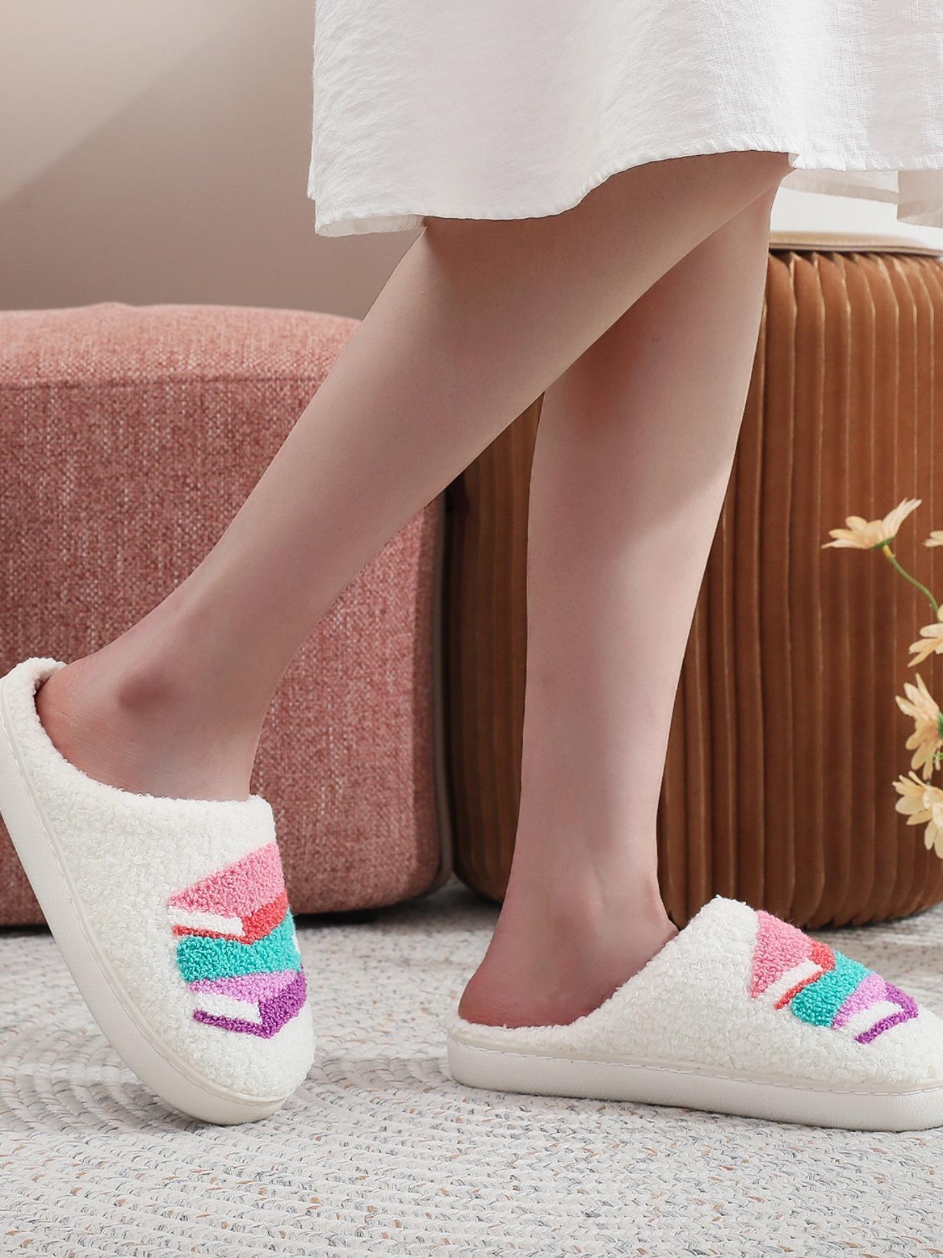 Women's Colorblock Geometric Pattern Slippers, Casual Soft Comfortable Home Slippers, Warm Slippers for Indoor & Outdoor Use for All Seasons, Footwear