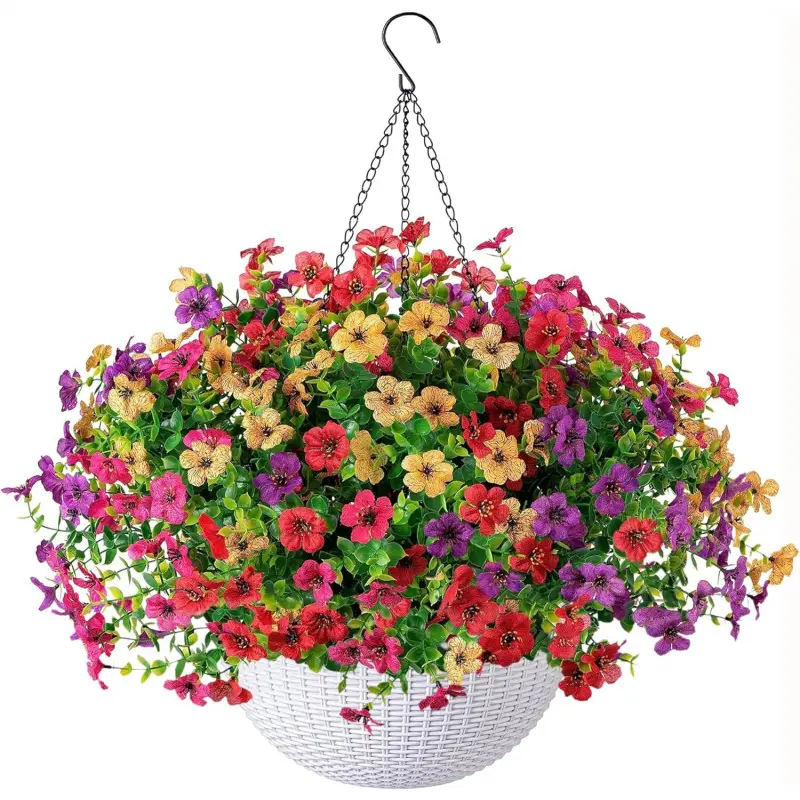8 bouquets of simulated flowers + artificial hanging plant basket straps 8-inch basket, UV-resistant simulated multicolored daisy eucalyptus leaves, suitable for outdoor spring decorations, indoor terraces, balconies, and garden decorations