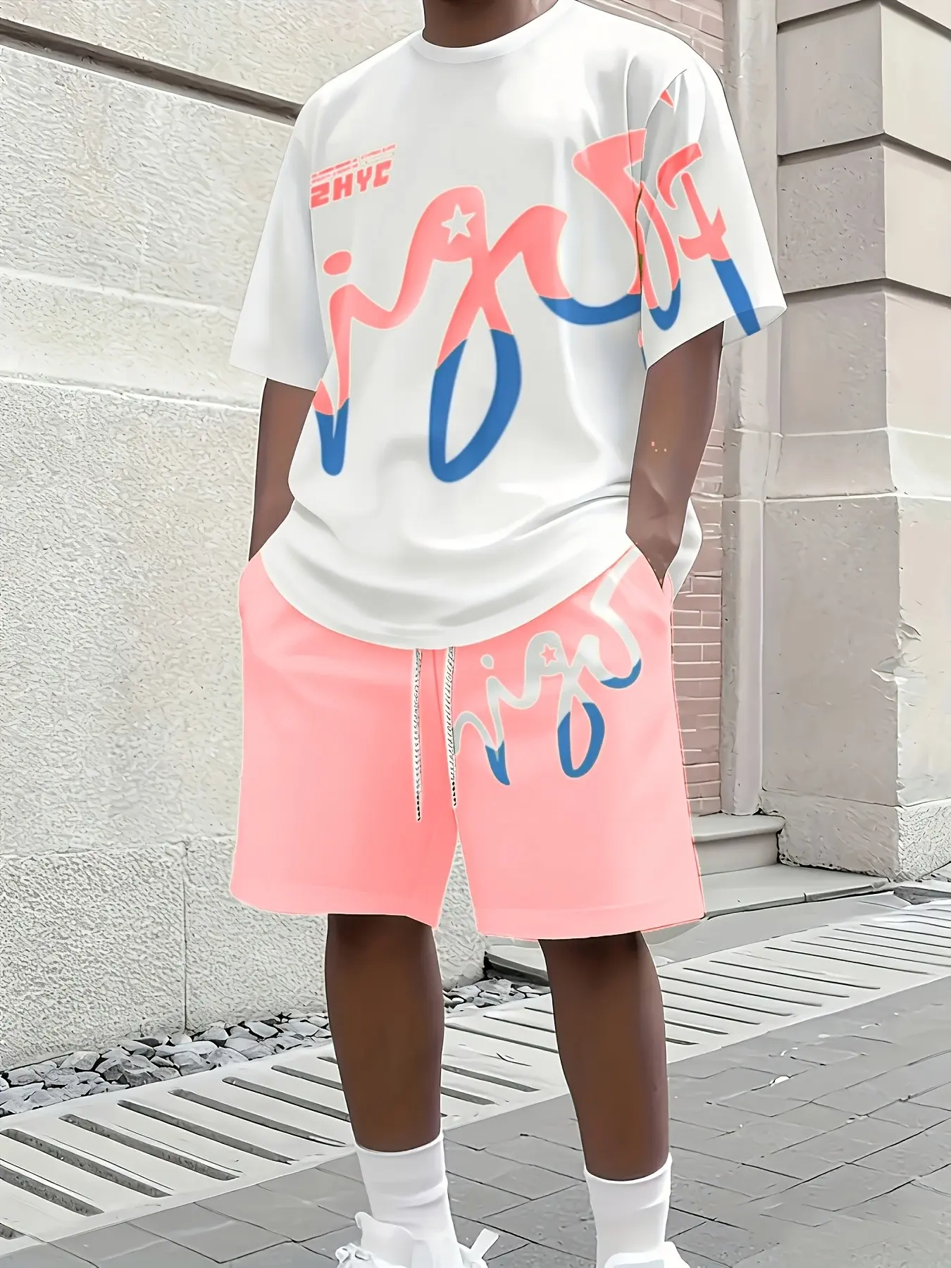 Classic daily casual stretch lightweight nyc graffiti cursive star graphic short top and black knee length shorts matching set for young guys downtown shopping skate training backyard chill trending mens everyday summer hip hop streetwear fashion inspo