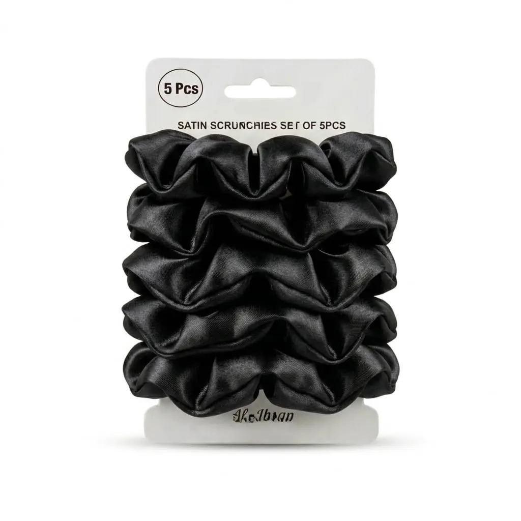 Satin Scrunchies for Women - 8 Inches Stretch Out No Crease, No Frizz Hair Ties - 5 count Black Softer & Stylish Hair Bands  for Ponytail Hold - Suitable Hair Accessories for  Hair Types