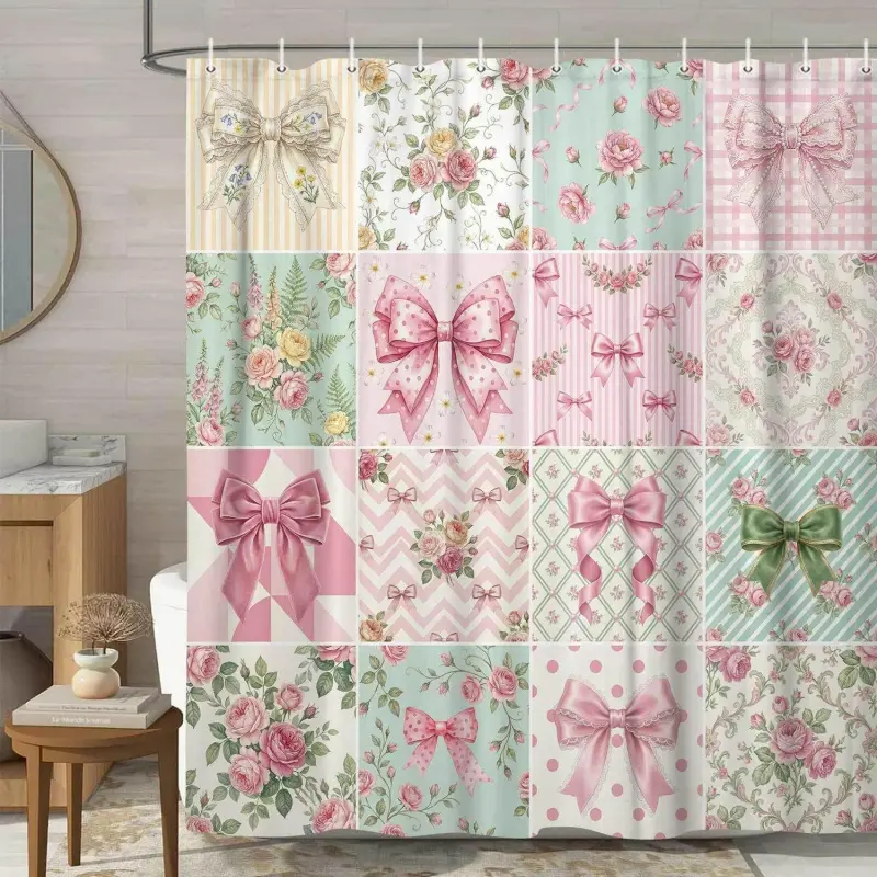 Bow Floral Fabric Shower Curtain, Art Style Pink Bow Flower Polyester Fabric Waterproof Bath Curtain, Modern Aesthetic Bathroom Shower Curtains, with Hooks 72x72 Inch
