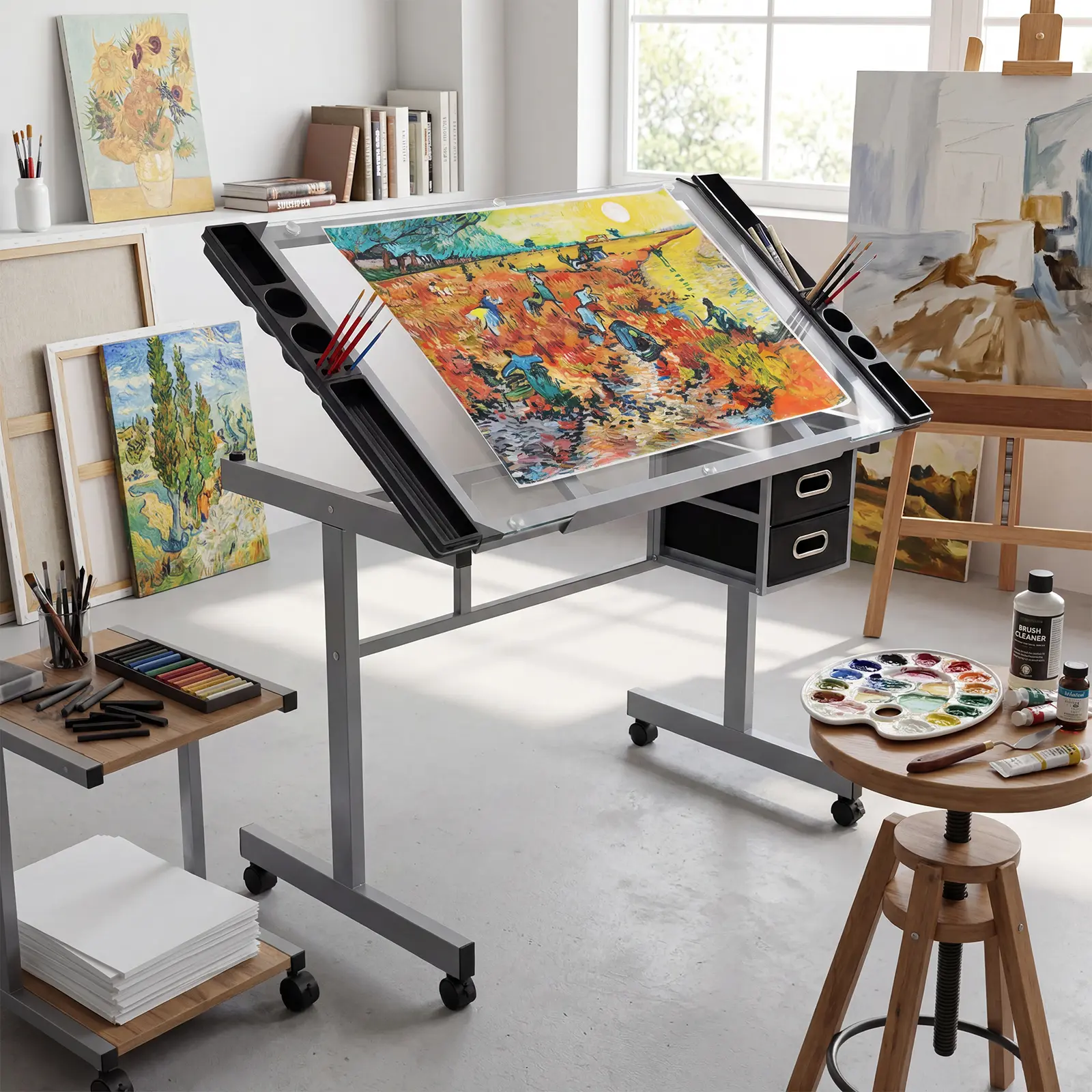 Craft and Drawing Station with 4 Rolling Wheels and 2 Drawers,0-65° Adjustable Glass Drawing Table for Home Office