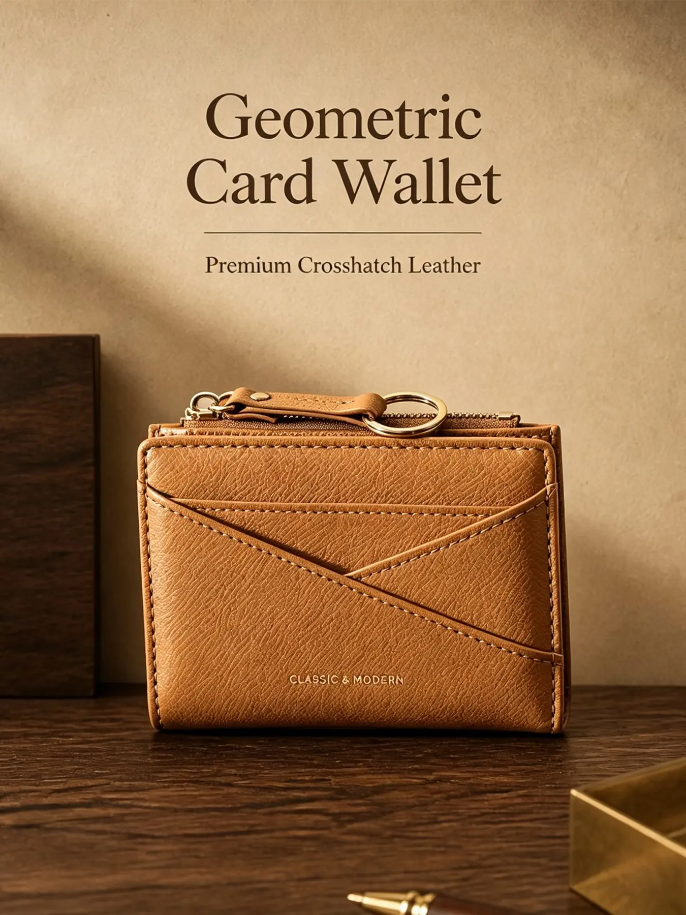Cross Pattern Leather Top Zip Card Holder, Women's Geometric Diagonal Slot Wallet, Minimalist Ring Hardware Handbag