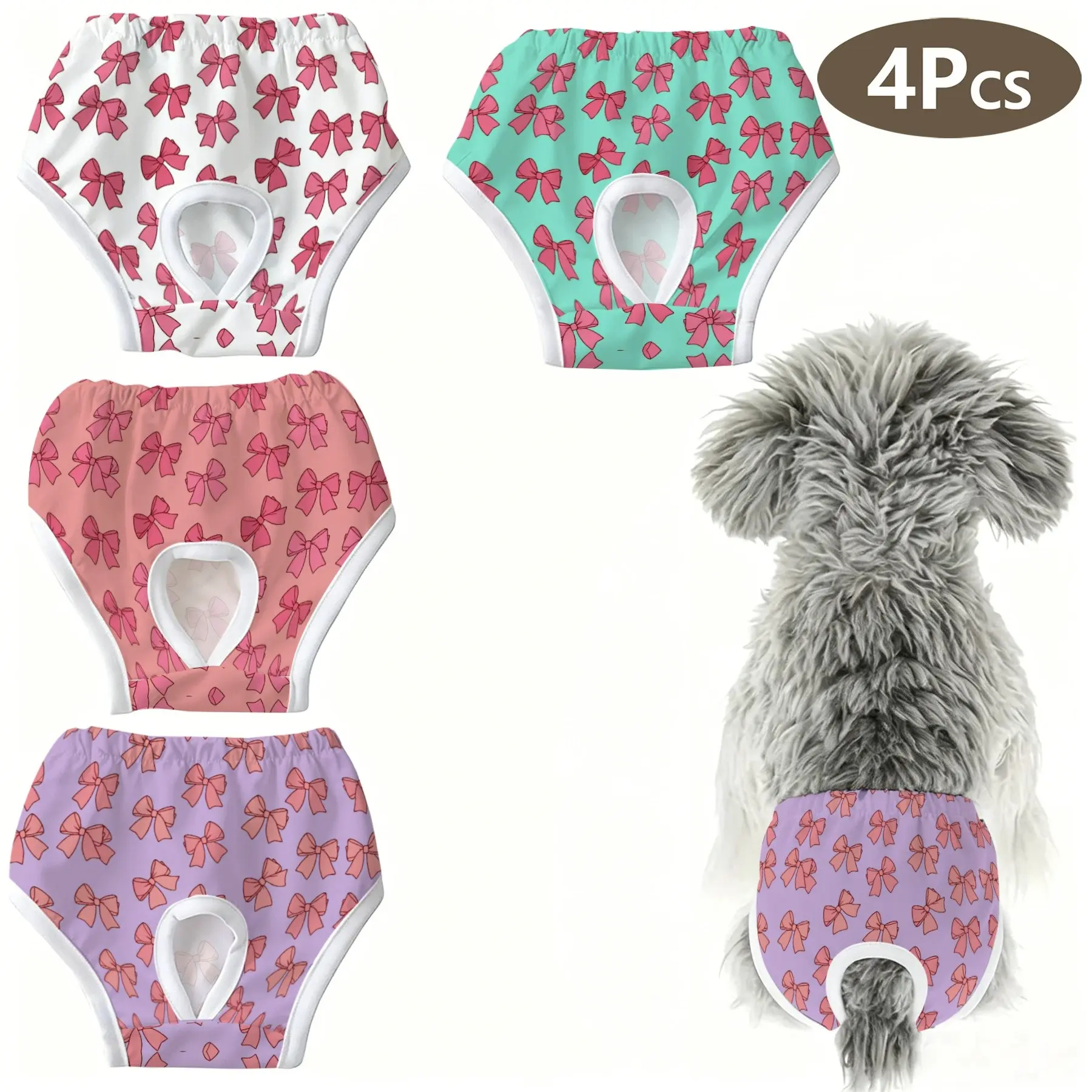 4-Pack Cute Pet Bow Print Panties, Anti-Interference Underwear for Dogs & Cats, Ideal for Holidays, Home, Outdoors, Travel