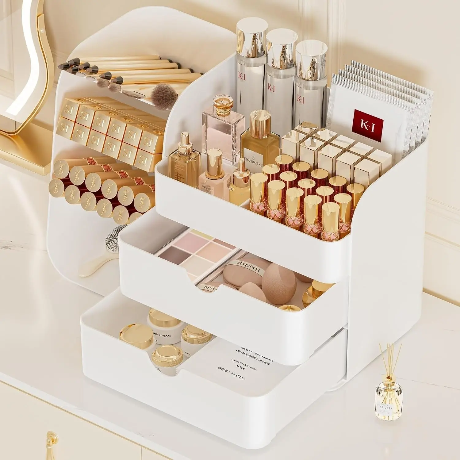 Makeup Organizer for Vanity, Countertop Cosmetic Display Case with Drawers, Bathroom Counter Beauty Caddy, Table Storage Holder for Skincare, Brush Eyeliner Eyeshadow Lipstick, White