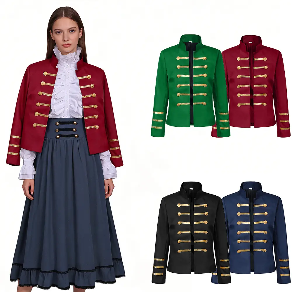 Women's Medieval Royal Vintage Military Jacket - Gold, Black, Blue, Double-Breasted, High Neck, Perfect for Cosplay Themed Parties, Band Parades, Stage Performances, Special Events Costumes, Aesthetic Womenswear Button Clothes