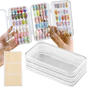 Press On Organizer Case, Tri-Fold Clear Acrylic Empty Press On Storage Box Packaging Fake Tips Holder Color Display Stand Book Showing Shelves with 30PCS Double Sided Adhesive Tapes