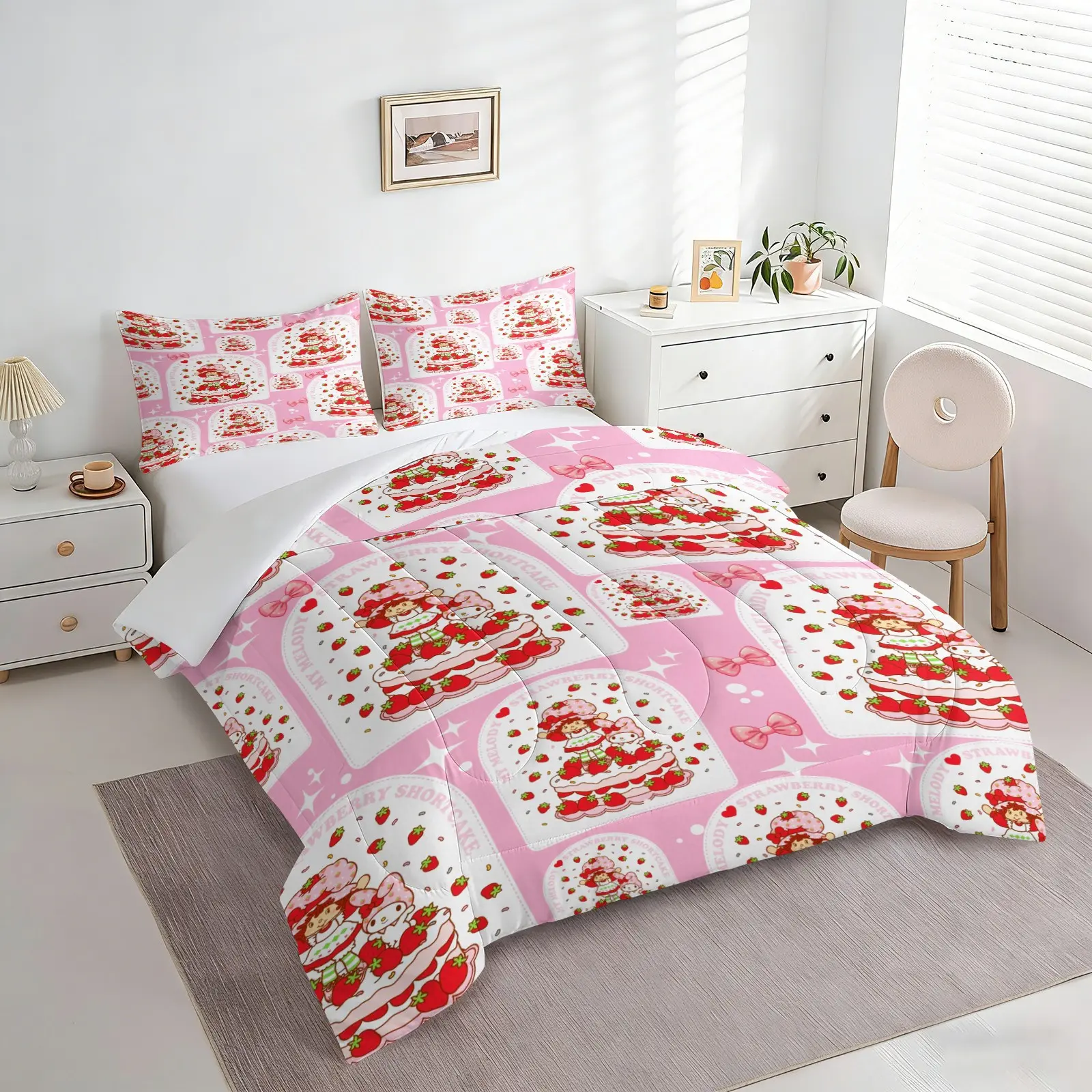 Pink Strawberry Cake Cartoon Girl Bow Comforter Set, 1 Comforter + 1-2 Pillowcases, Durable Soft Comfy Machine Washable Bed Set, High Definition Digital Print, Sweet Four Seasons Kawaii Style, Girls Bedroom Bedding