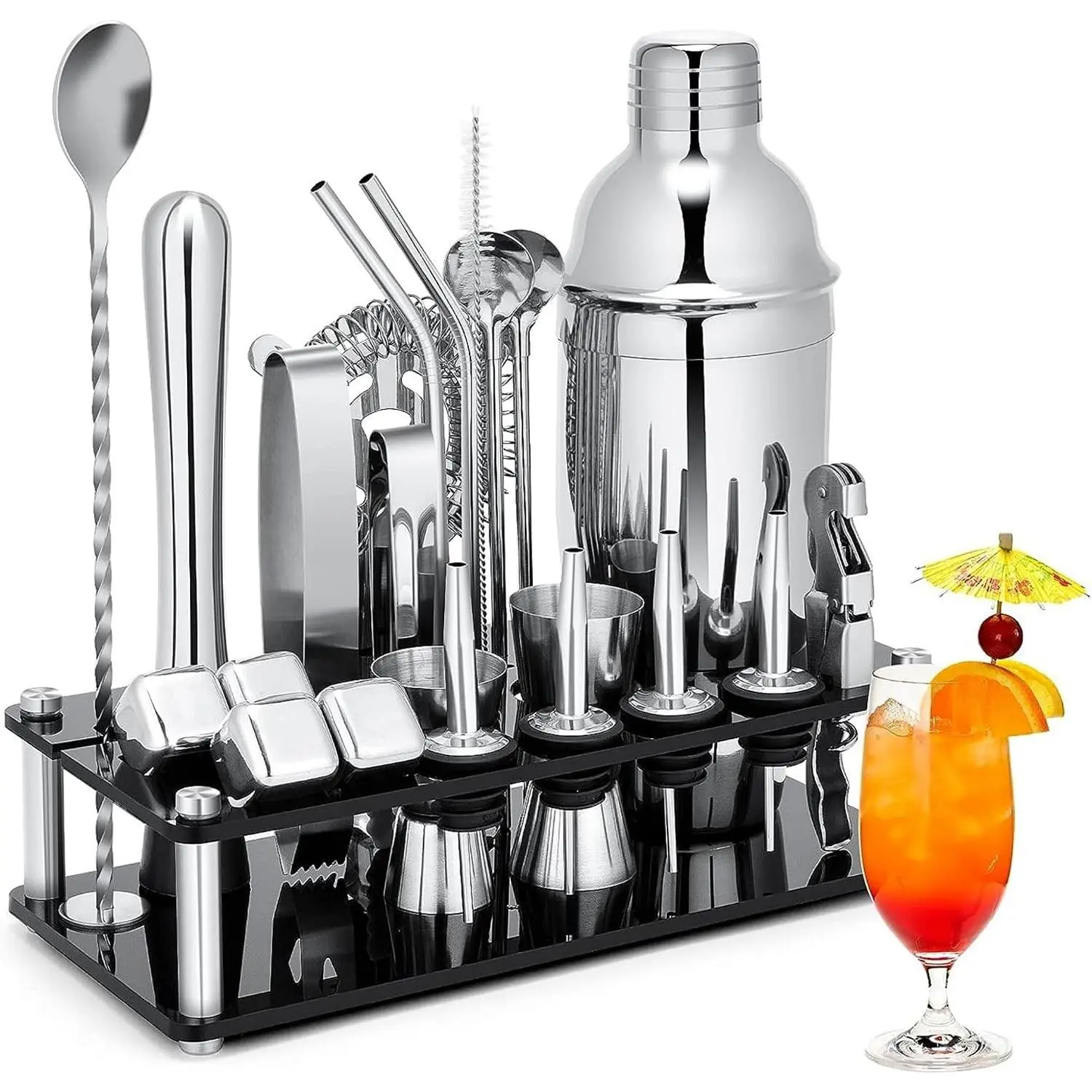 23-Piece Stainless Steel Cocktail Shaker Set Bartender Kit with Acrylic Stand, Cocktail Recipes Booklet & 4 Whiskey Stones, Professional Bar Tools for Drink Mixing, Home, Bar, Party