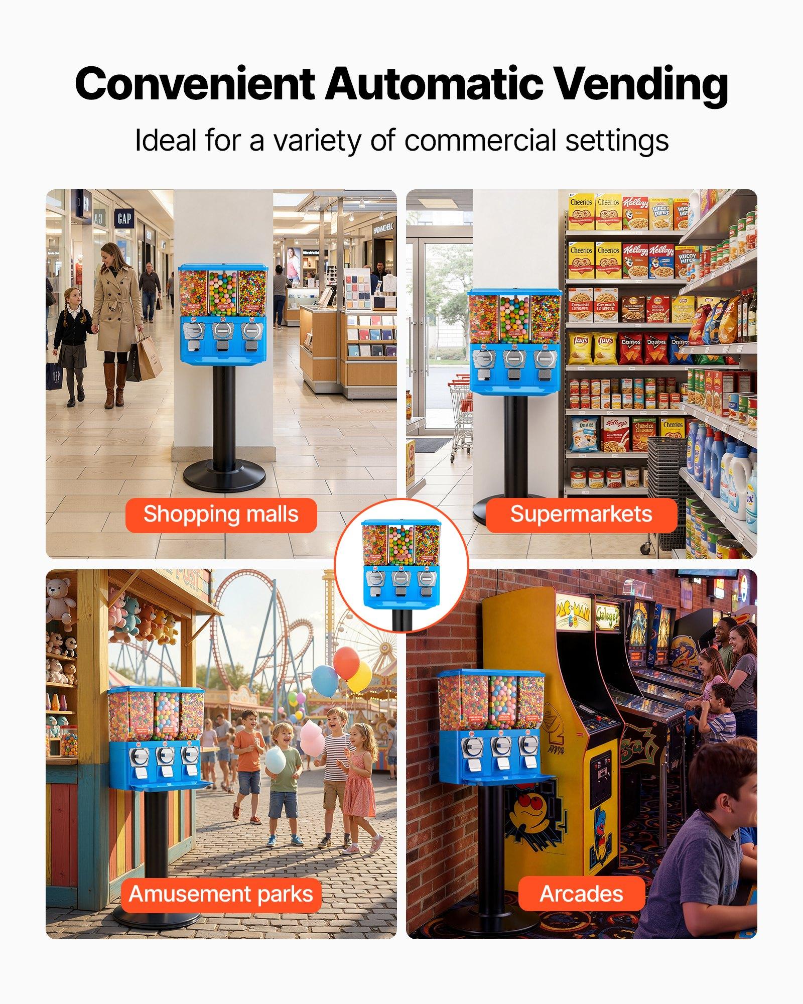 VEVOR Candy Vending Machine, Triple Compartment Candy Vending Machine with Stand, Gumball & Candies Vendings Machines with Built-In Cash Box, Detachable, Vintage Candies Dispenser for Shops, Arcades