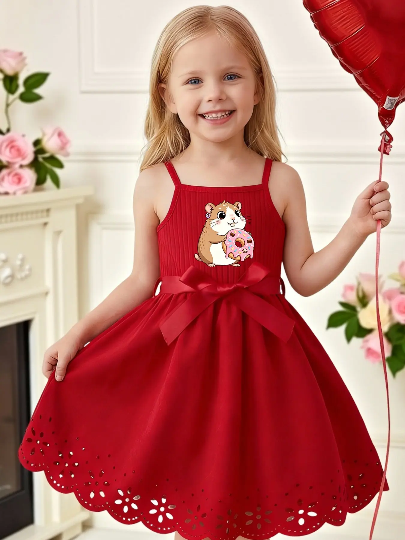 Girls' Cartoon Hamster Donut Print Dress, Cute Bow Belted Halter Top, Loose-Fitting Hollow Out Dress, Casual Style