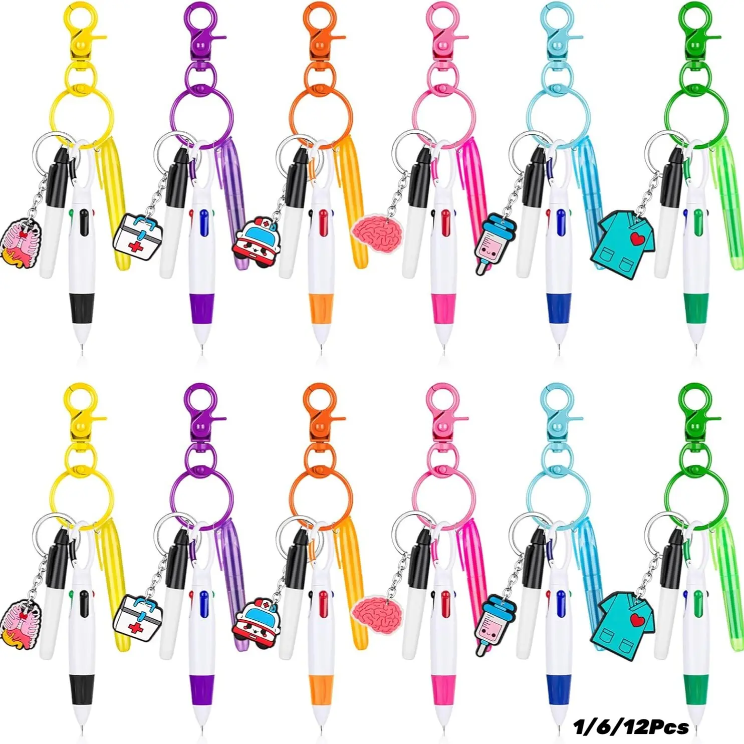 Mini Highlighter Nurse Pens, Nurse Creative Stationery, 1 Set Including 1 Tip Highlighter & 1 Permanent Marker Pen & 1 Retractable Ball Pen with 1 Nursing Keychain Clip, Nursing Students