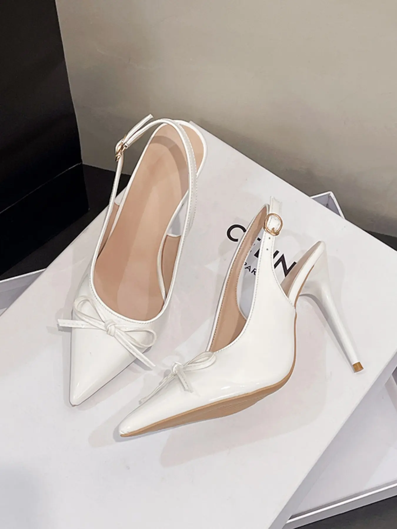 Women's Patent Pointed Toe Slingback Classy Stiletto Heels, Bow Decor Adjustable Buckle Pumps, Elegant Dress High Heels for Wedding Party Office Date Night