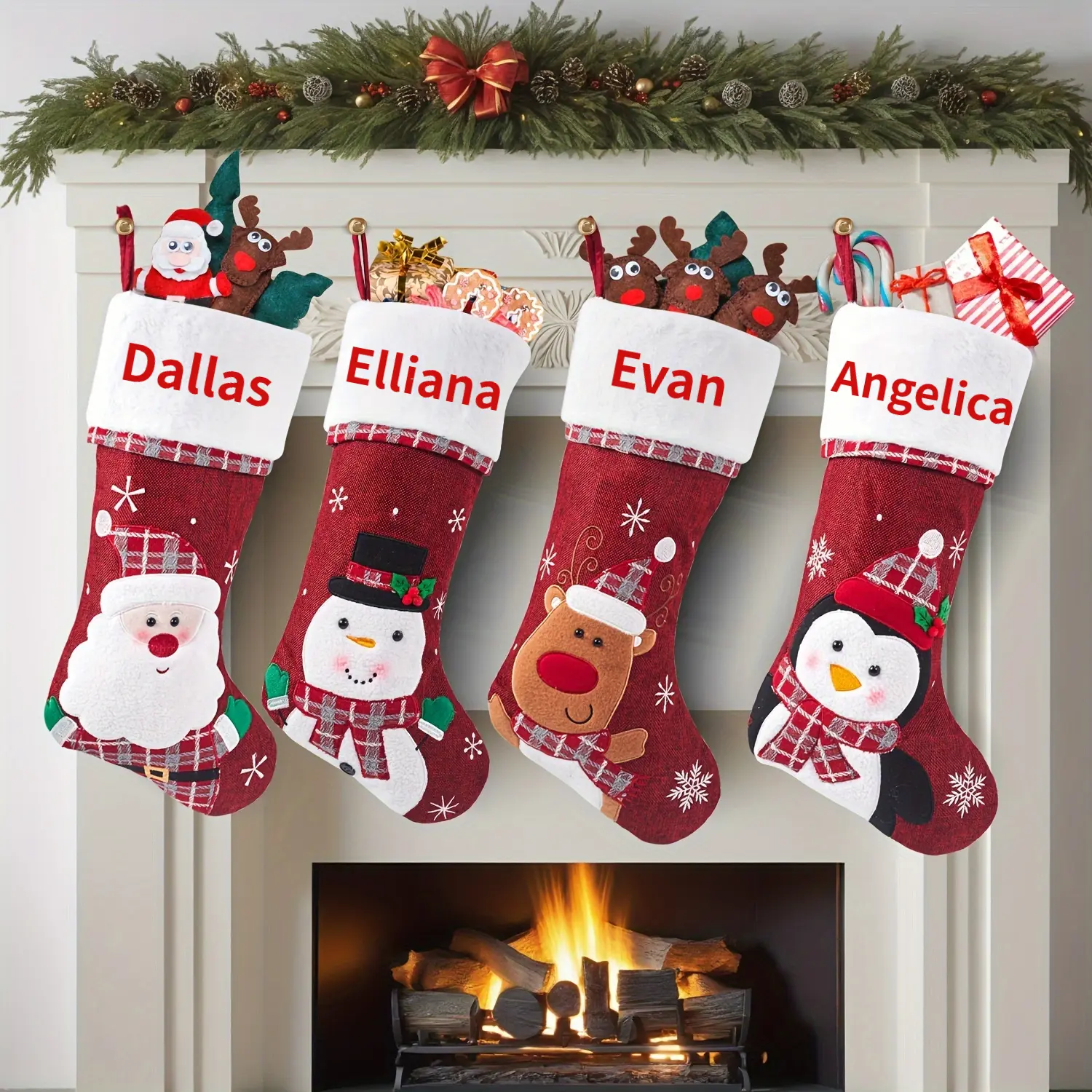 Custom Embroidered Christmas Stockings, Classic Style, Polyester, Festive Holiday Decor, No Feather, with Elderly Snowman, Penguin, And Reindeer Designs, for Home & Kitchen Use