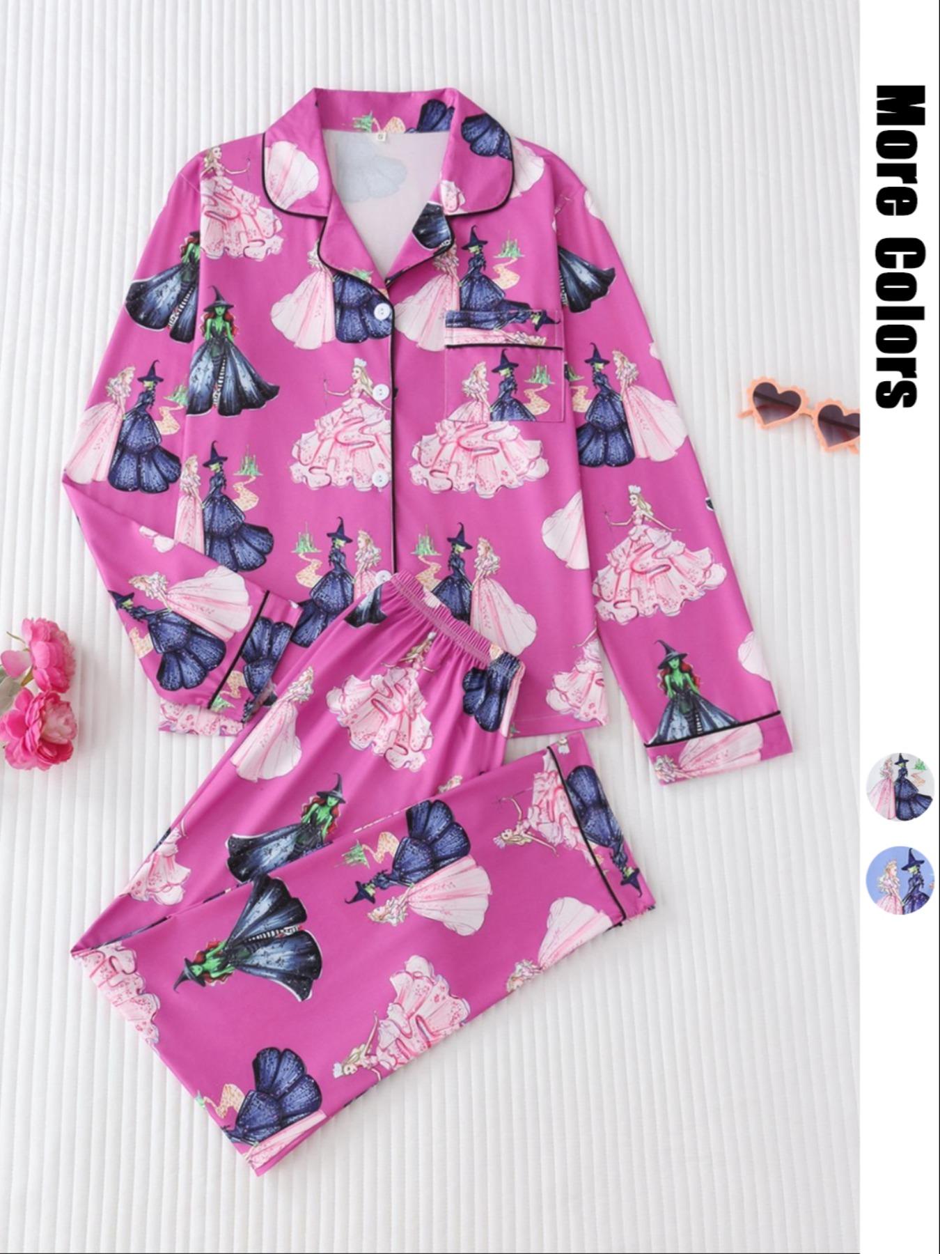 Women's Cartoon Print Pajama Set, Long Sleeve Button Front Top & Loose Fit Pants, Casual Spring & Fall Sleepwear Loungewear