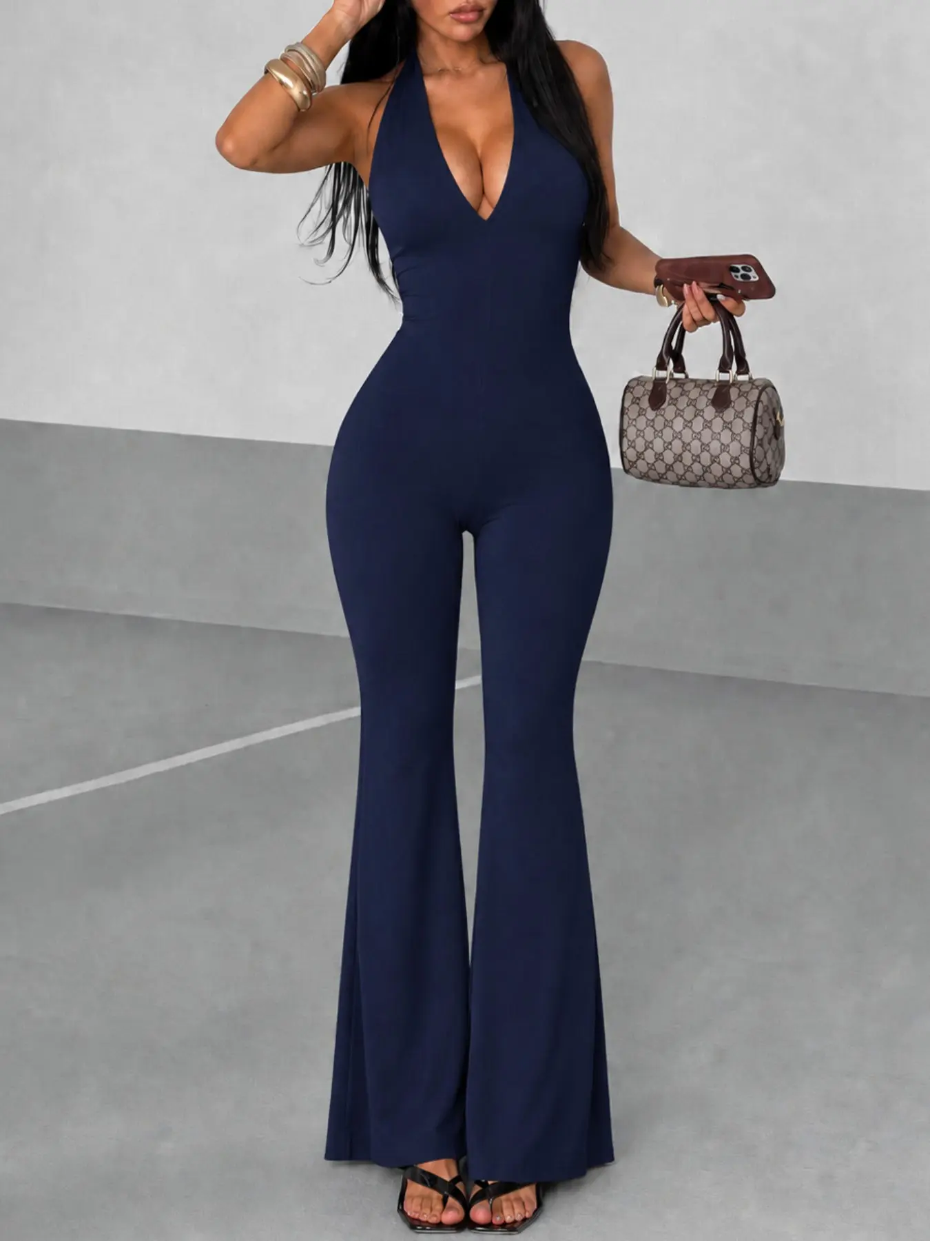 Women's Halter Deep V Flared Leg Chic Jumpsuit, Soft Stretch Fit Bodycon One Piece, Perfect for Date Nights, Parties, Vacations, Clubs, Casual Streetwear