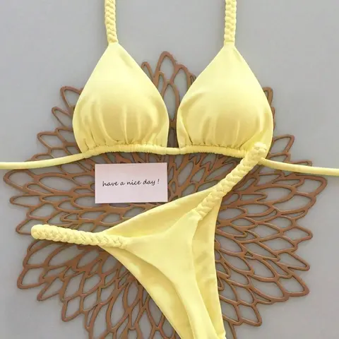 Nude Braided Triangle Bikini Set, European Style Beach Slimming Two-Piece Swimsuit, Creamy Knitted Bikini, Summer Beachwear, Bikinis Set