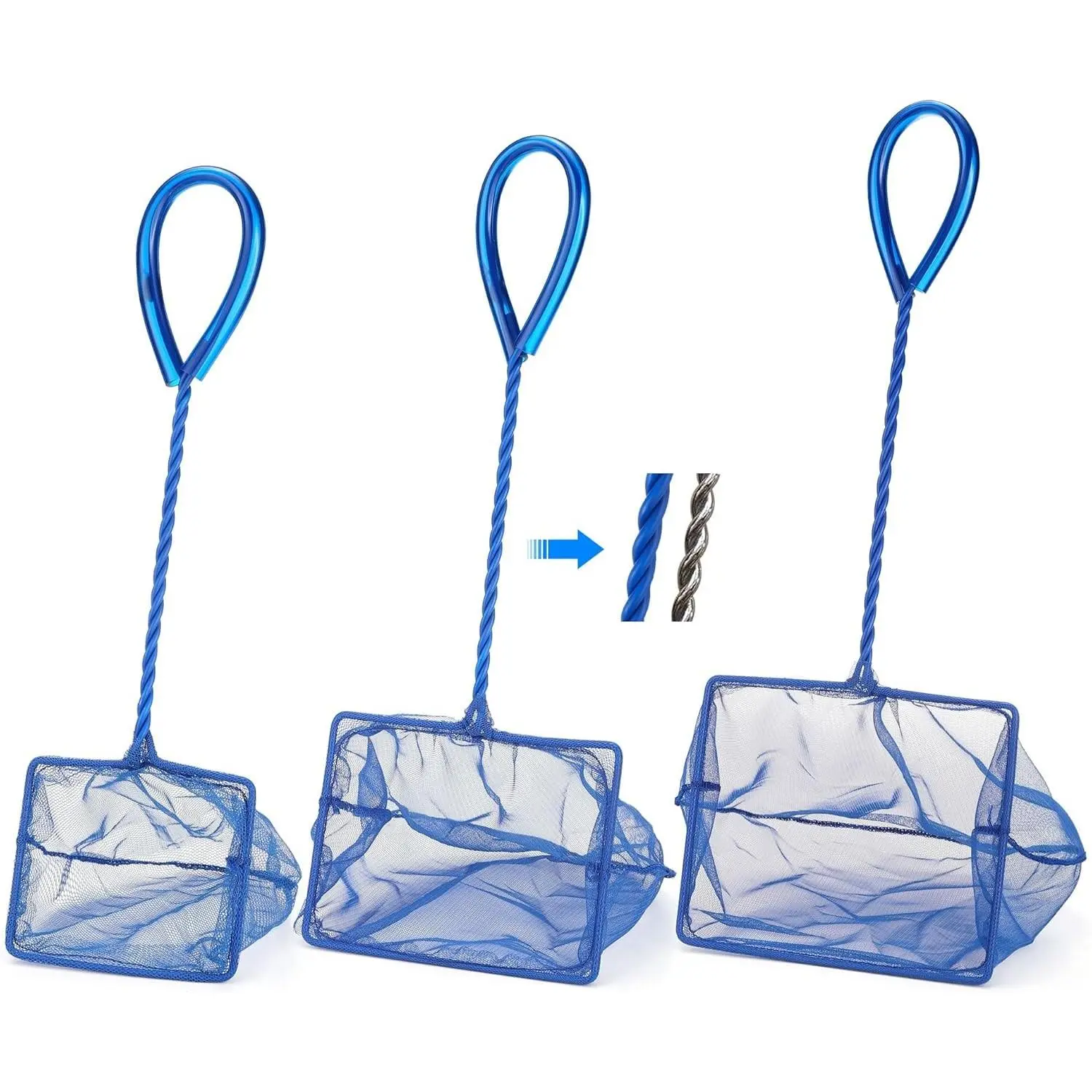 3-Pack Multi-Size Extra Soft Nylon Fine Mesh Fish Catch Nets with Plastic Handle, Aquarium Use Supplies, Blue (4in, 5in, 6in)