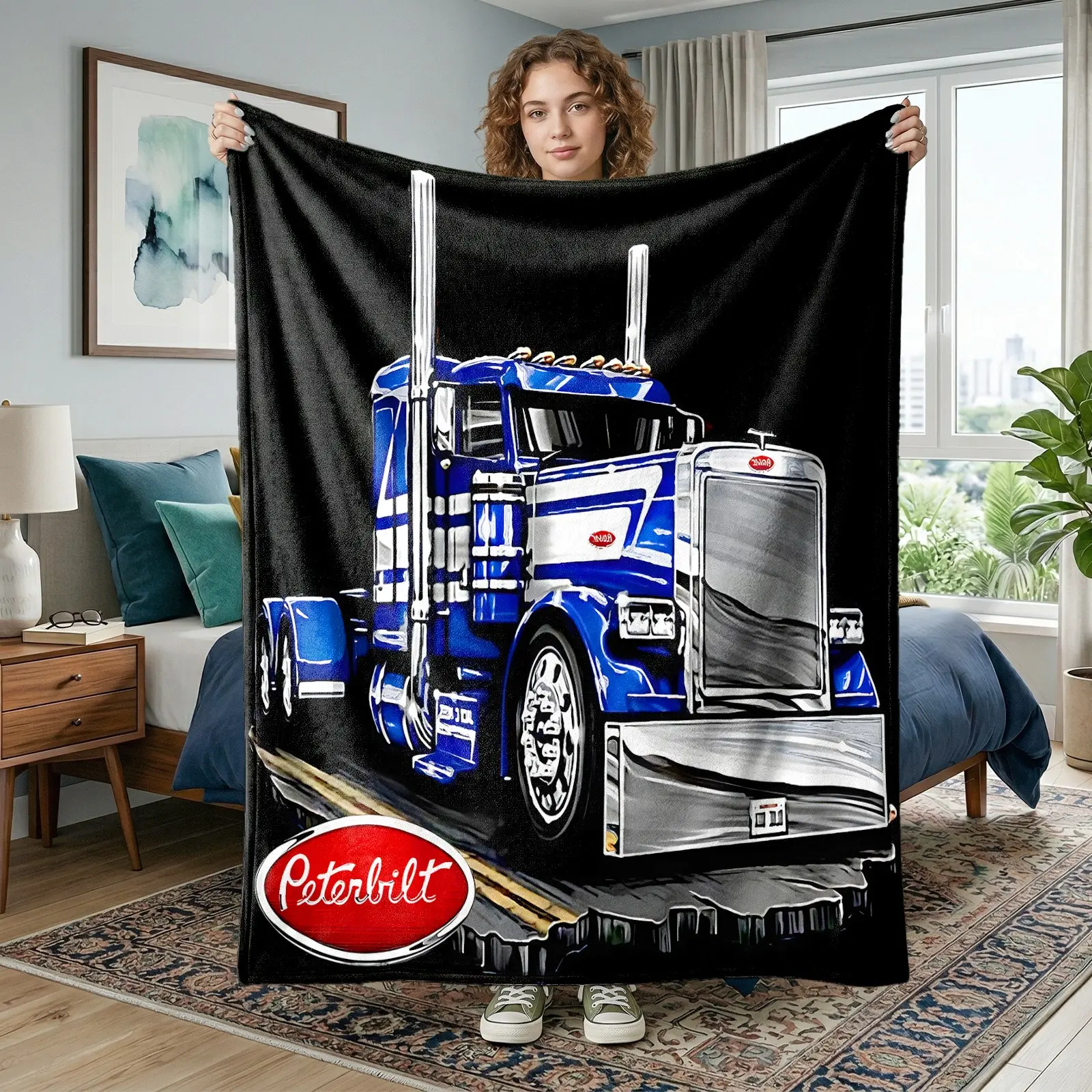1pc Peterbilt Blue White American Heavy Truck Fleece Blanket, Black Background Classic Big Rig Art Print, Soft Warm Nap Throw For Sofa, Bed, Office, Camping, Perfect Christmas Gift