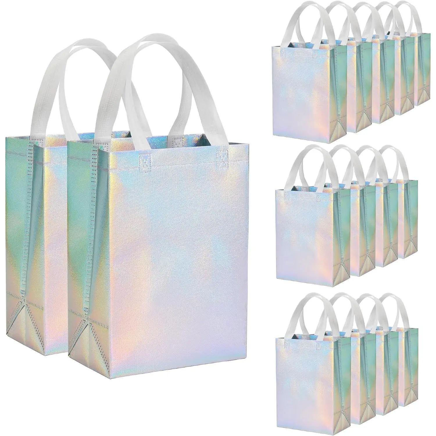 15 Pcs Iridescent Glossy Gift Bags Medium Size, 8x4x10 Inch Holographic Reusable Gift Bags with Handles & Sturdy Base, Ideal for Birthday, Wedding