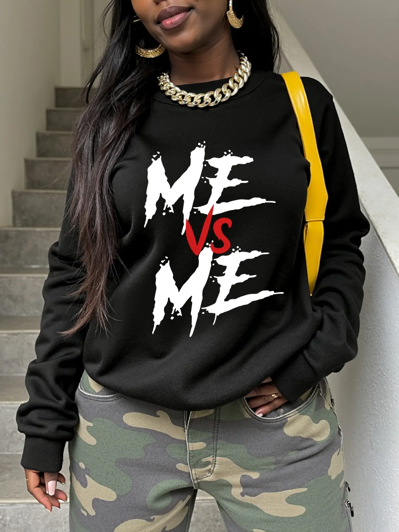 Women's 'me Vs Me' Letter Print Sweatshirt, Street Style Round Neck Long Sleeve Top, Casual Loose-Fit Pullover, Streetwear