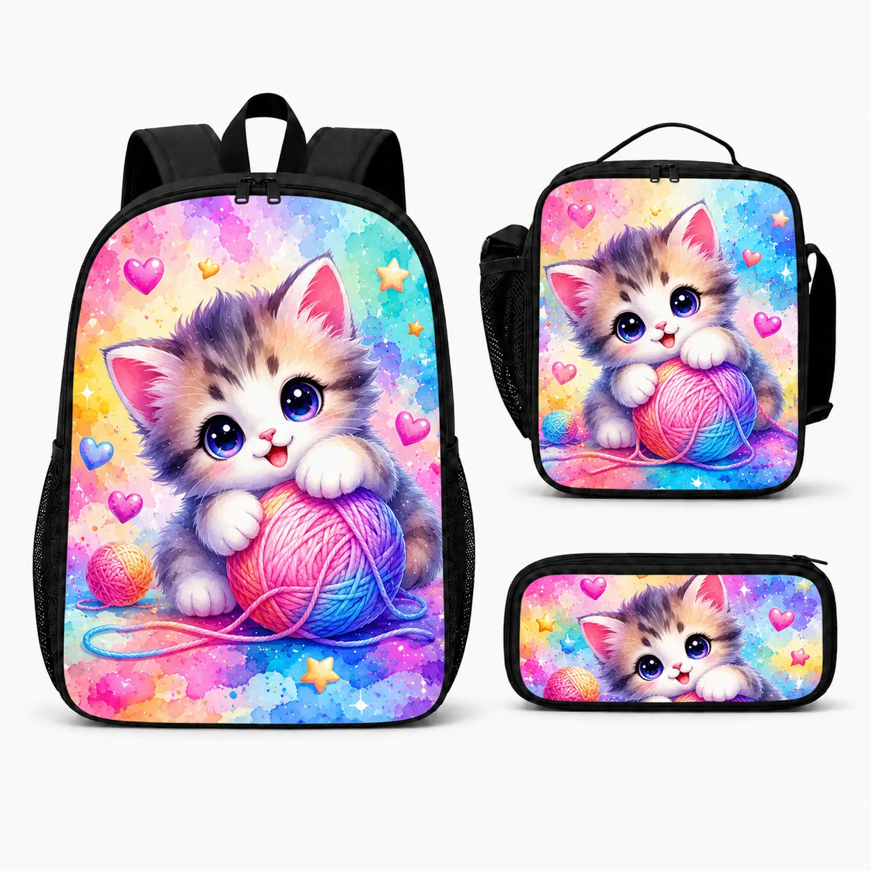 3-Piece Girls' Backpack Set with Cute Cat Pattern: Includes a spacious double-compartment schoolbag, an insulated lunch bag (convertible for shoulder or hand carry), and a pencil case-perfect for birthdays, back-to-school, and daily campus use.
