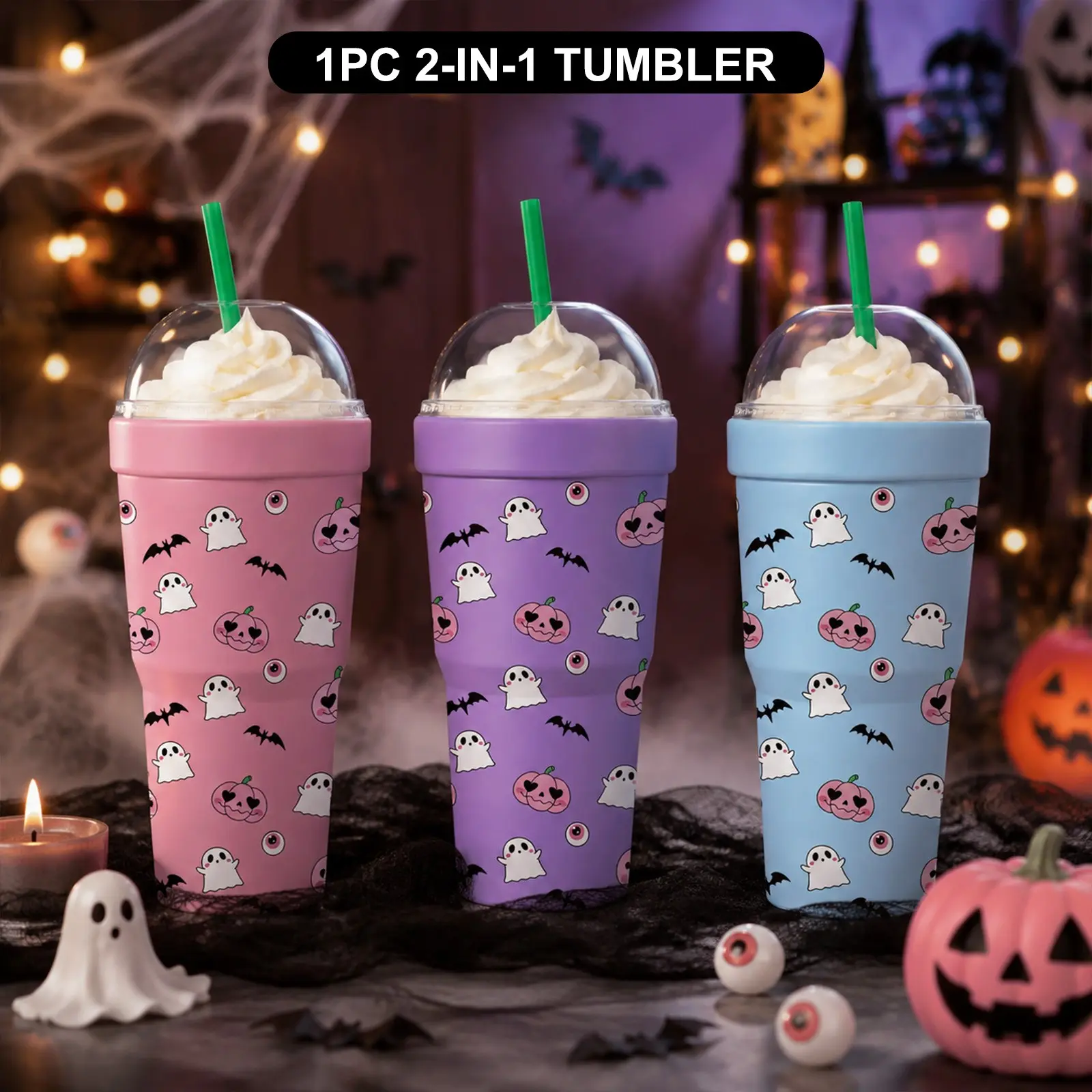 1PC 32oz Cute Ghost, Pumpkin & Eyeball Print 2-in-1 Insulated Leakproof Cruiser Tumbler & Iced Coffee Cup Sleeve, Double Wall Vacuum Stainless Steel Travel Mug, Cold 12+H & Hot 6+H, Fits 16–24oz To-Go Cups, Halloween Gift