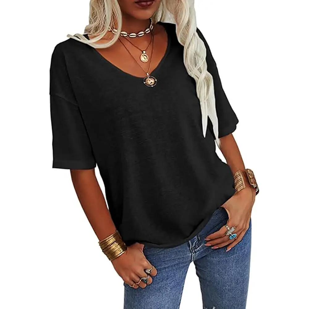 PiePieBuy Women's V-Neck T-Shirt, Casual Shortsleeve Baggy Style Loose Fit Top in a Solid Color Rayon Blend Fabric, Casual Breathable Design, Lady, Shirts For Women, Women's Tops And Blouses