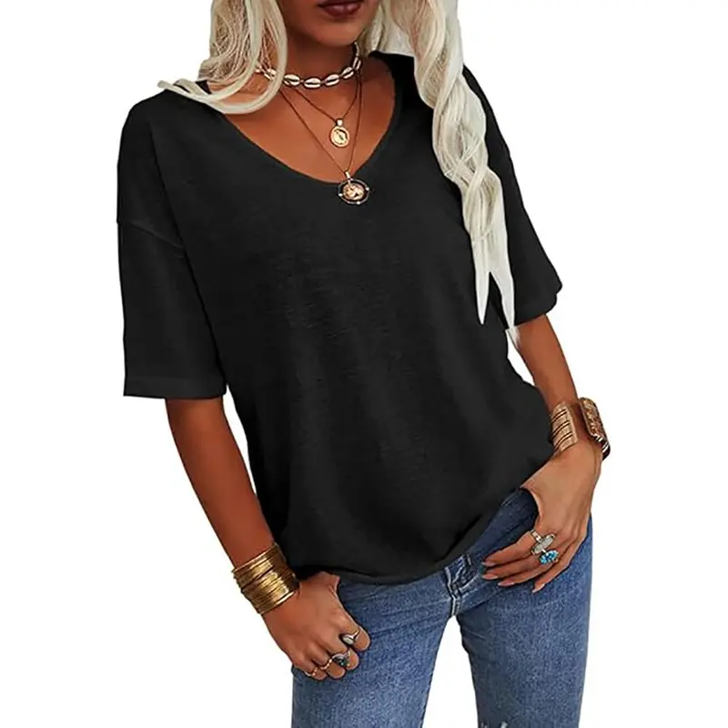 PiePieBuy Women's Basic V-Neck Short-Sleeve Stretchy Spandex-Rayon Soft Blend Fabric T-Shirt - Baggy Loose-Fit Solid Color, Casual Breathable Street Top for Ladies, Party Wear