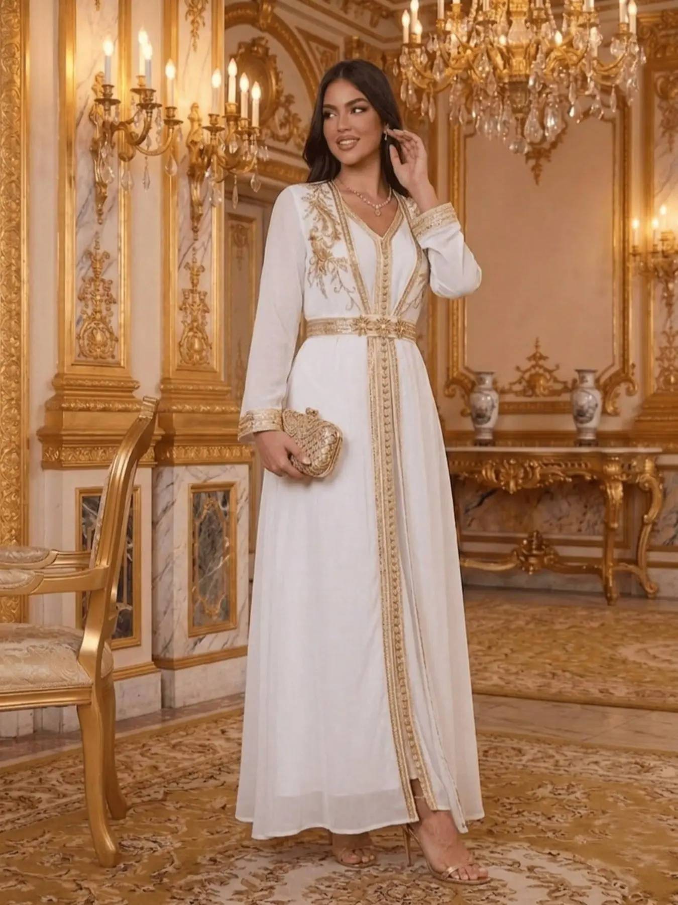 Middle Eastern Heavy Gold Thread Embroidered Dress, Flowy Long Maxi Dress for Muslim Parties, Elegant Two-Piece Evening Gown